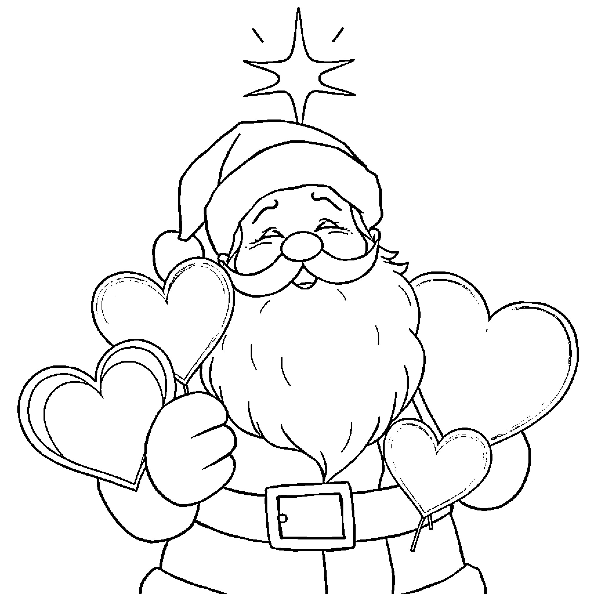 Santa spreading joy with hearts Coloring Page (free black-and-white line drawing printable PDF for all, from beginners to advanced learners, including children, teens, adults, and seniors)