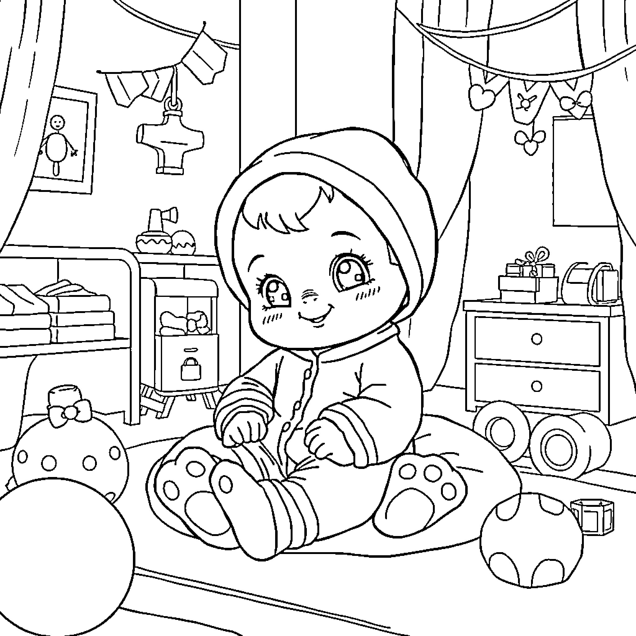Doll playing with toys in a cozy room Coloring Page (free black-and-white line drawing printable PDF for all, from beginners to advanced learners, including children, teens, adults, and seniors)