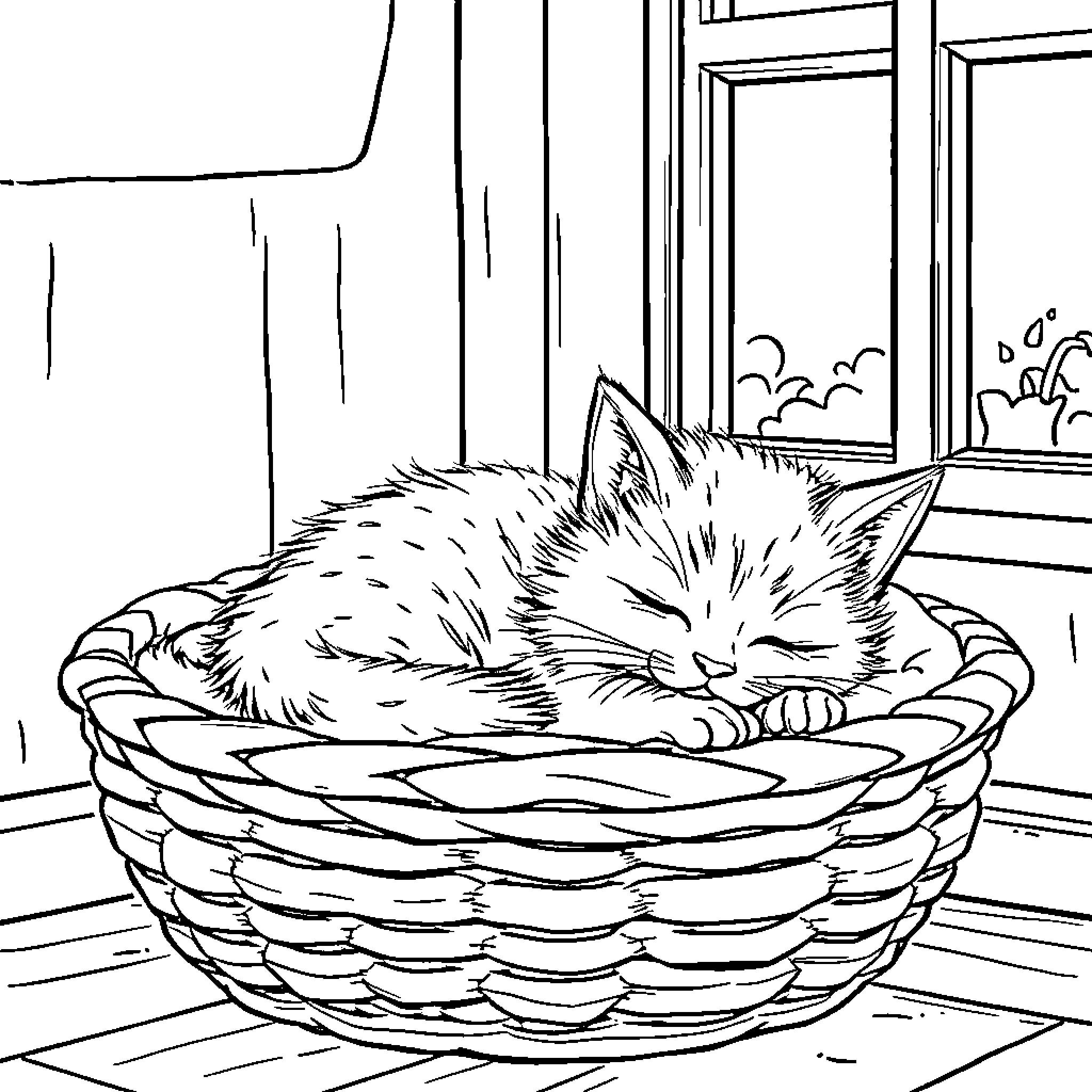 Kitten sleeping peacefully in a woven basket Coloring Page (free black-and-white line drawing printable PDF for all, from beginners to advanced learners, including children, teens, adults, and seniors)