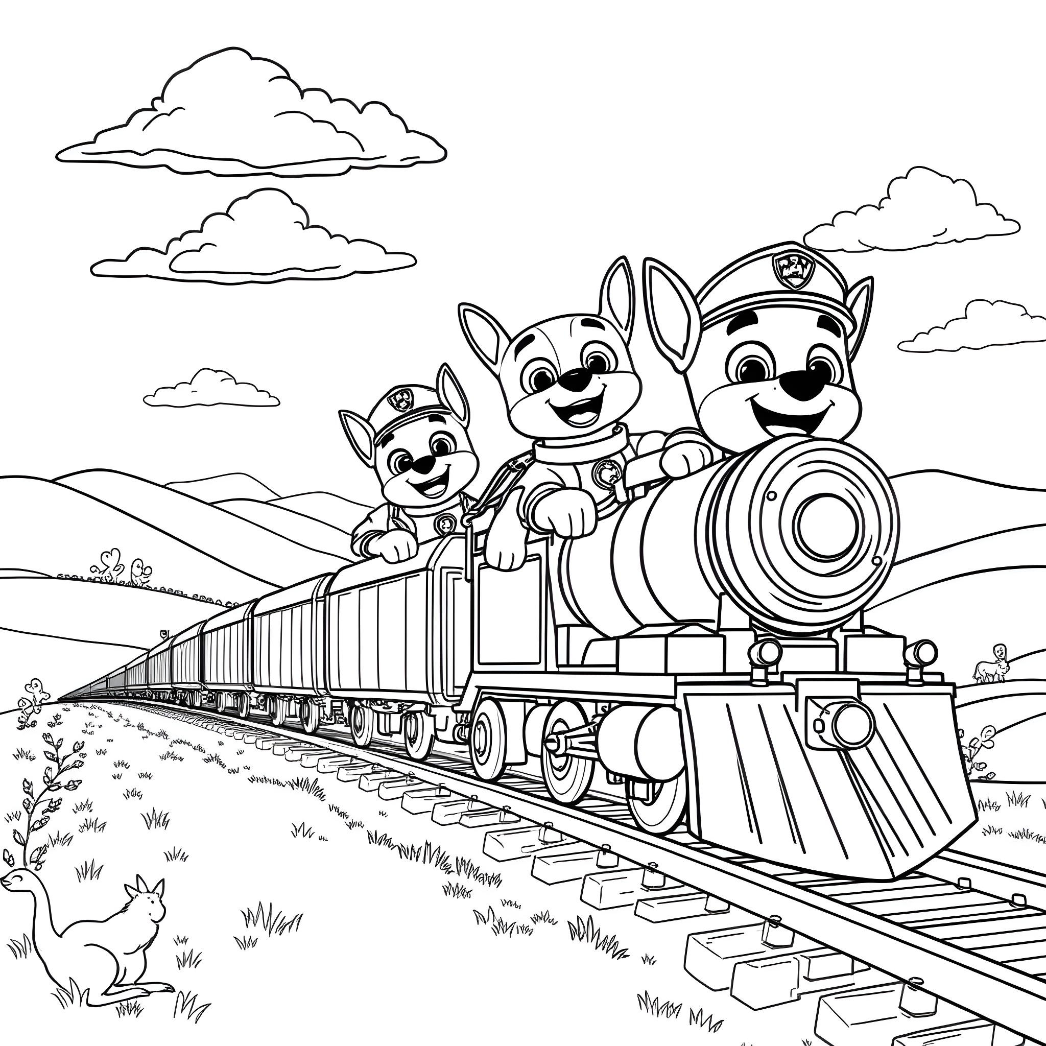 Paw Patrol characters riding on a train in the countryside Coloring Page (free black-and-white line drawing printable PDF for all, from beginners to advanced learners, including children, teens, adults, and seniors)
