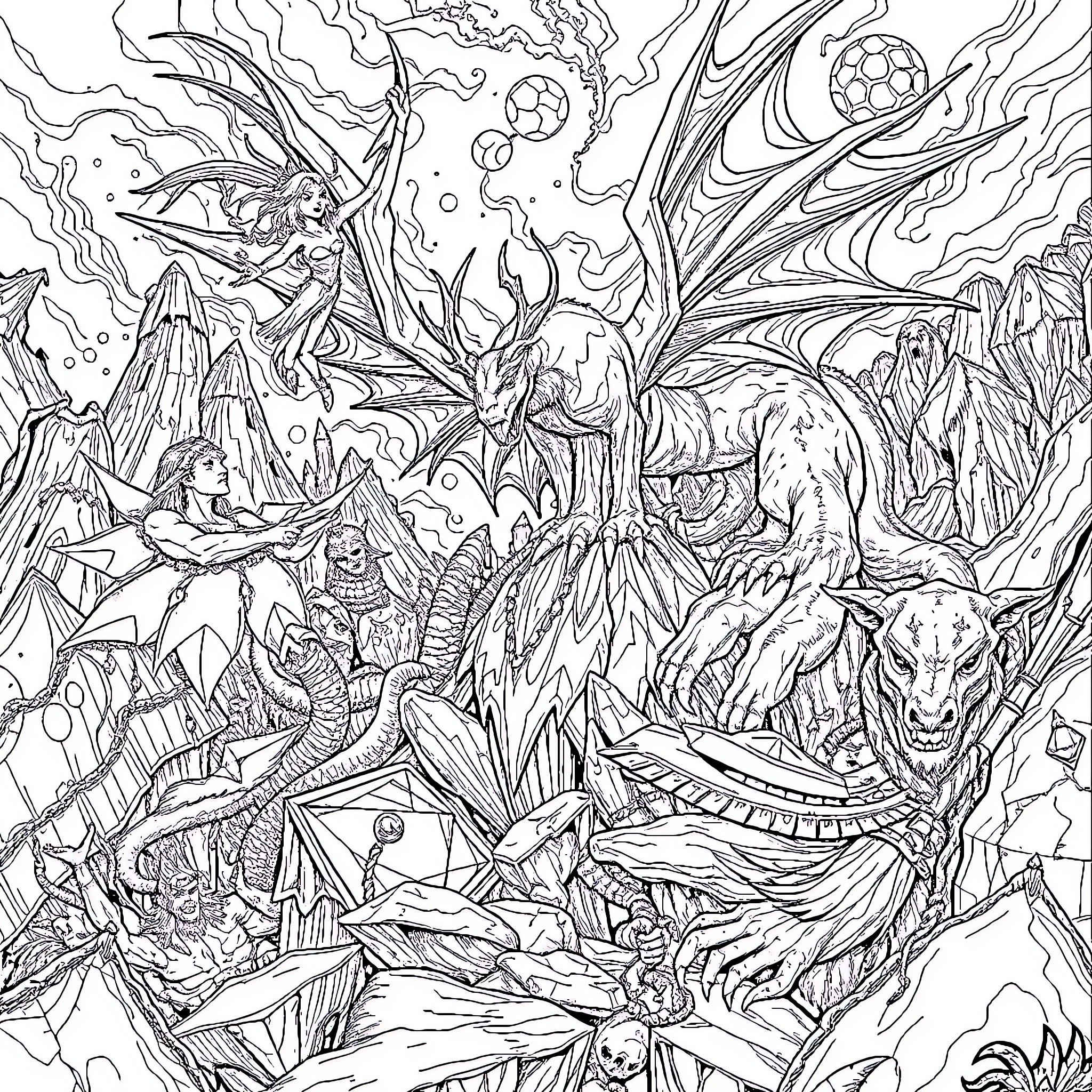 Fantasy Realm of Mythical Creatures and Fantastical Beings Coloring Page (free black-and-white line drawing printable PDF for all, from beginners to advanced learners, including children, teens, adults, and seniors)
