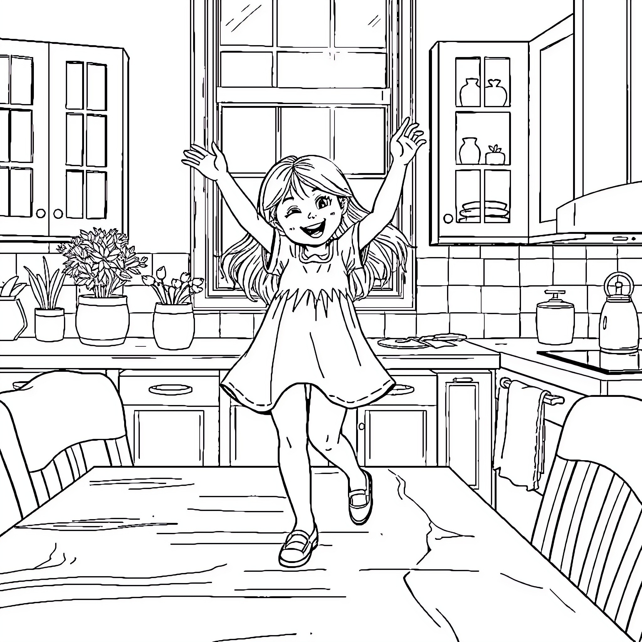 Blonde girl happily dancing in kitchen Coloring Page (free black-and-white line drawing printable PDF for all, from beginners to advanced learners, including children, teens, adults, and seniors)