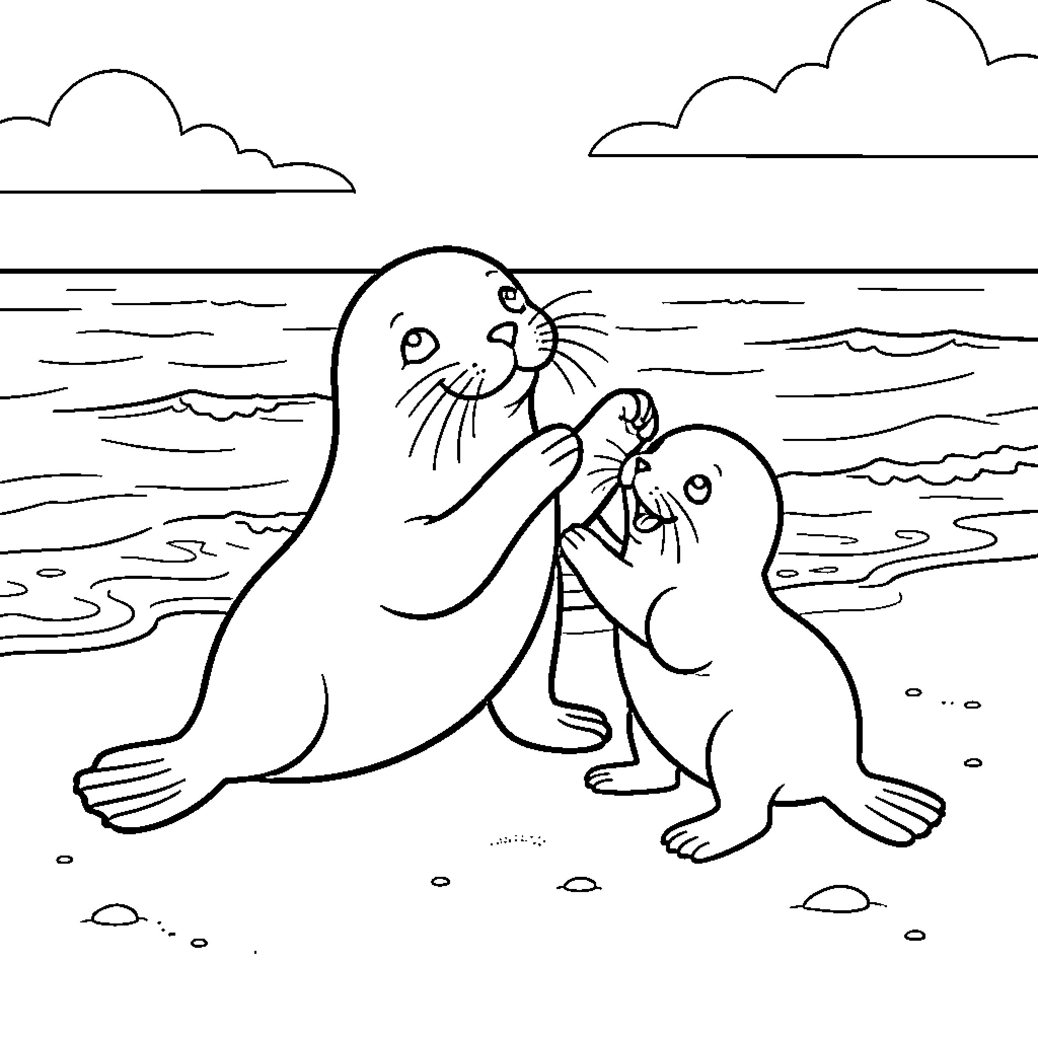 Sea Lion interacting playfully with a baby on the beach Coloring Page (free black-and-white line drawing printable PDF for all, from beginners to advanced learners, including children, teens, adults, and seniors)