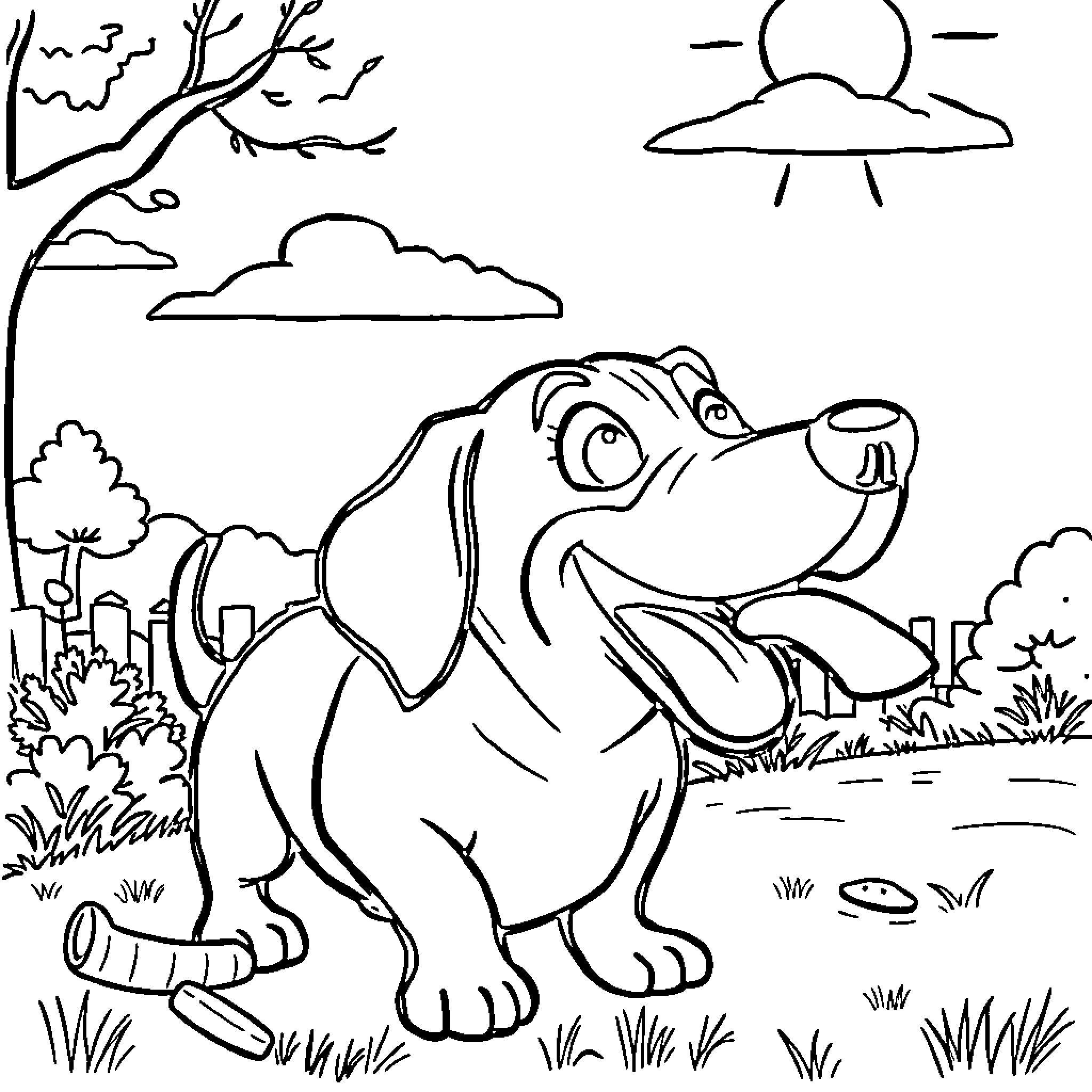 Wiener Dog enjoying the outdoors Coloring Page (free black-and-white line drawing printable PDF for all, from beginners to advanced learners, including children, teens, adults, and seniors)