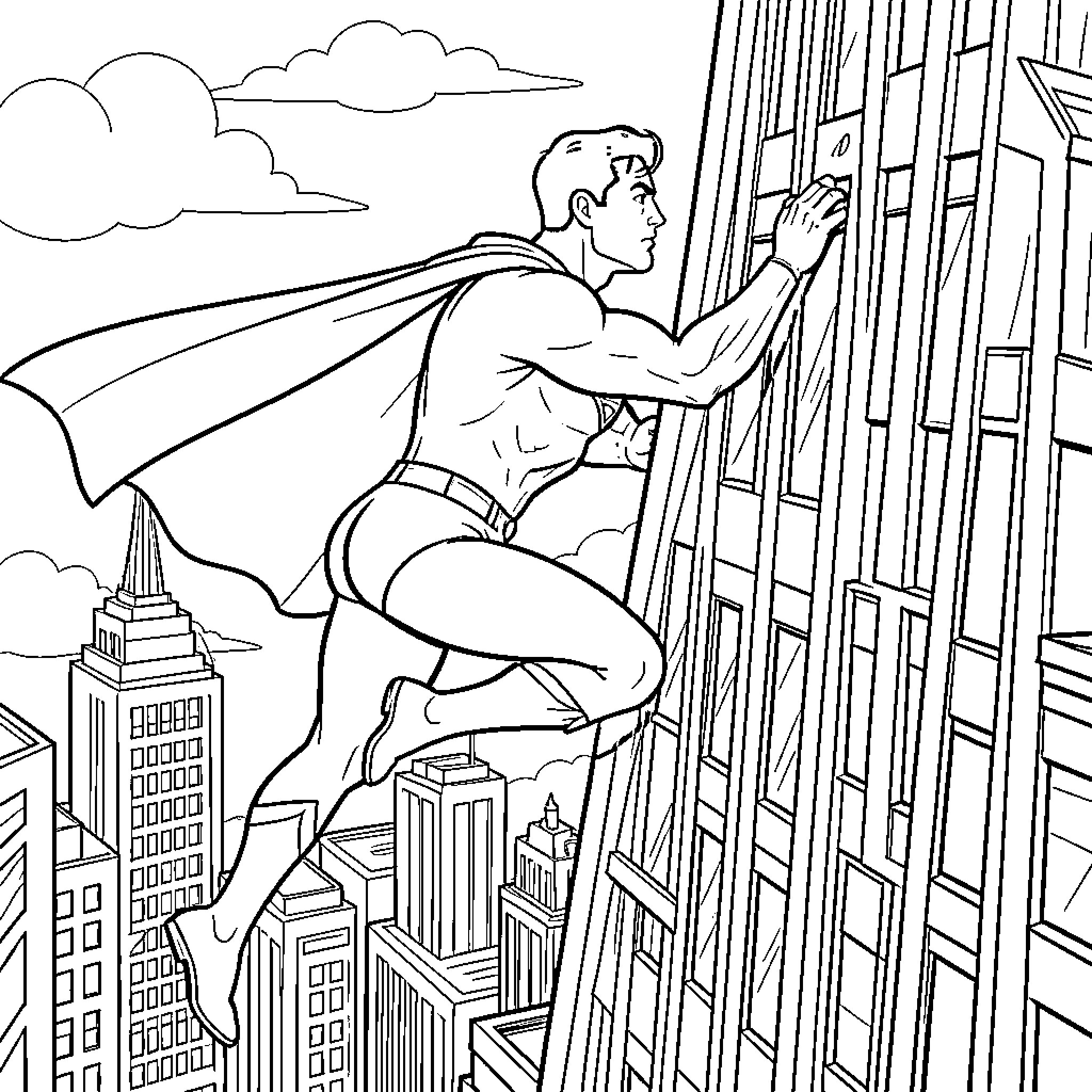 Superman climbing up the side of a tall building Coloring Page (free black-and-white line drawing printable PDF for all, from beginners to advanced learners, including children, teens, adults, and seniors)