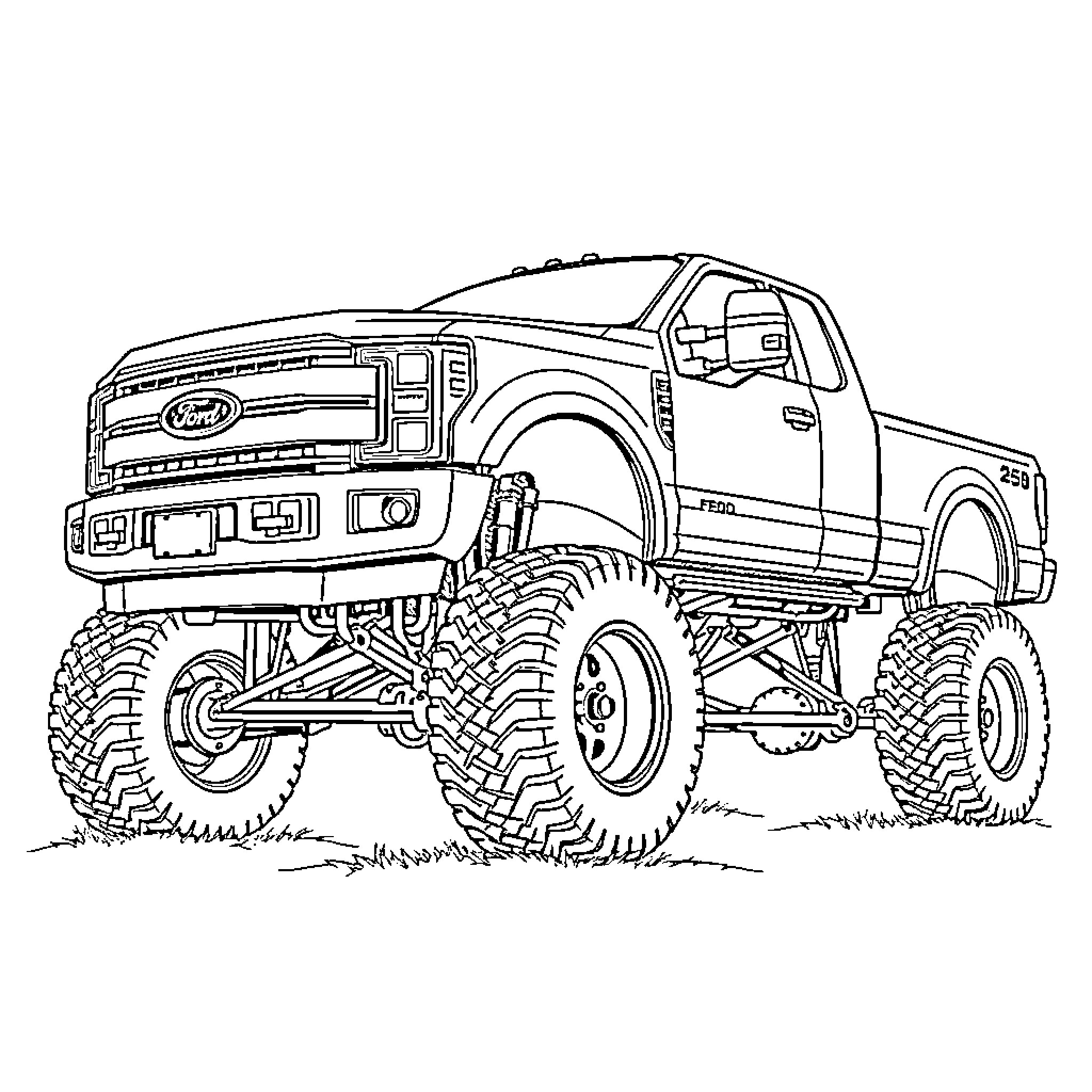 Ford F250 off-road truck on rugged terrain Coloring Page (free black-and-white line drawing printable PDF for all, from beginners to advanced learners, including children, teens, adults, and seniors)