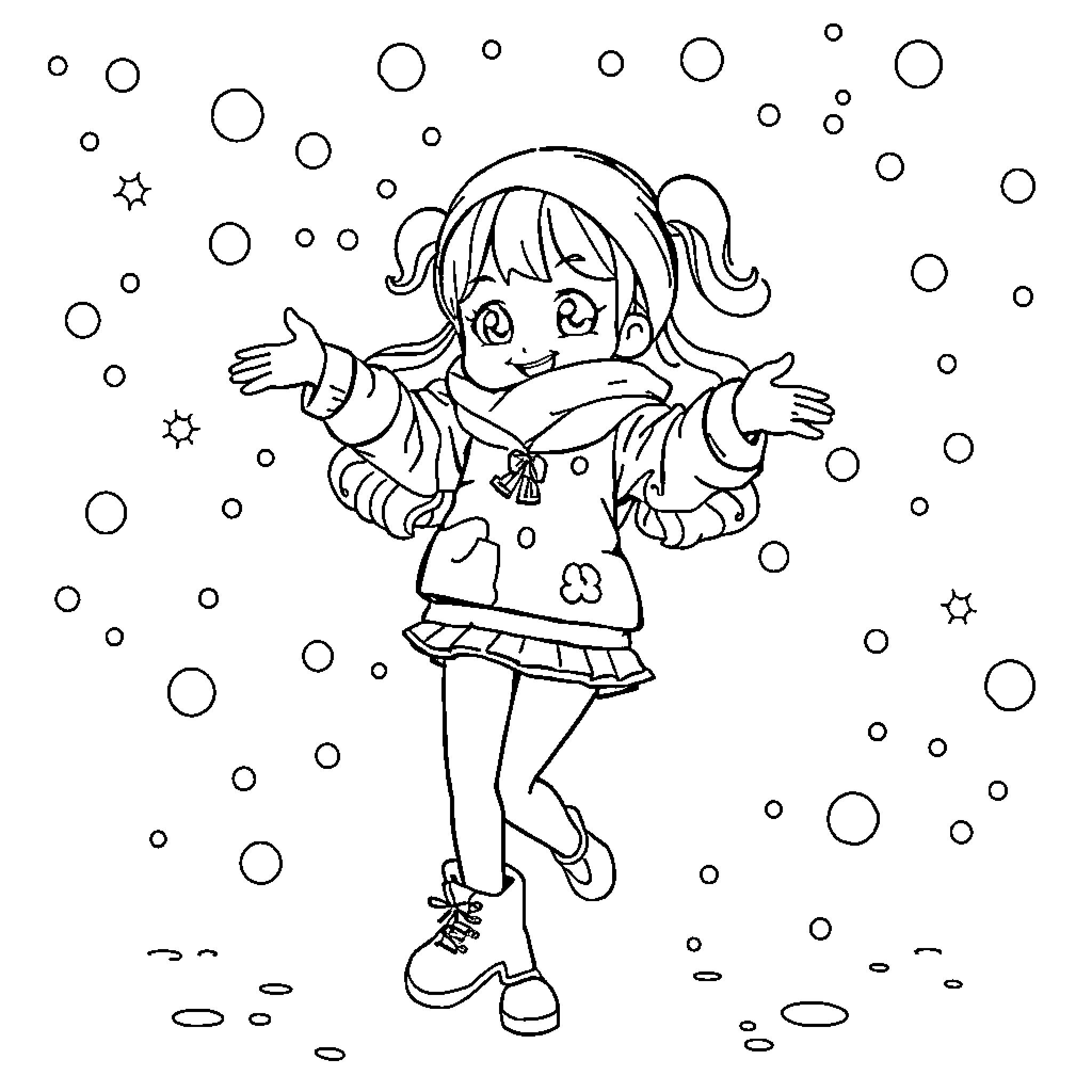 Zoey playing in the snowy wonderland Coloring Page (free black-and-white line drawing printable PDF for all, from beginners to advanced learners, including children, teens, adults, and seniors)