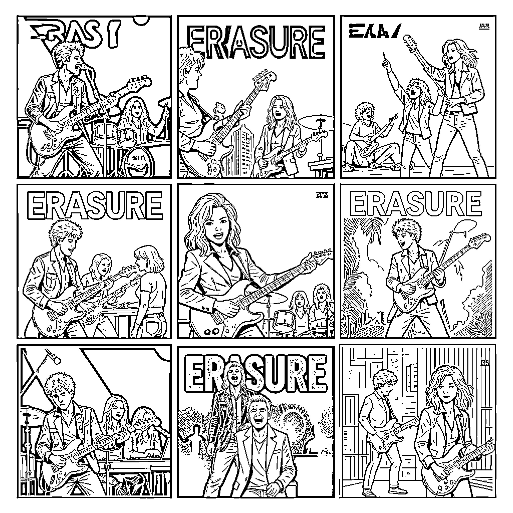 Erasure band members performing with guitars on stage Coloring Page (free black-and-white line drawing printable PDF for all, from beginners to advanced learners, including children, teens, adults, and seniors)
