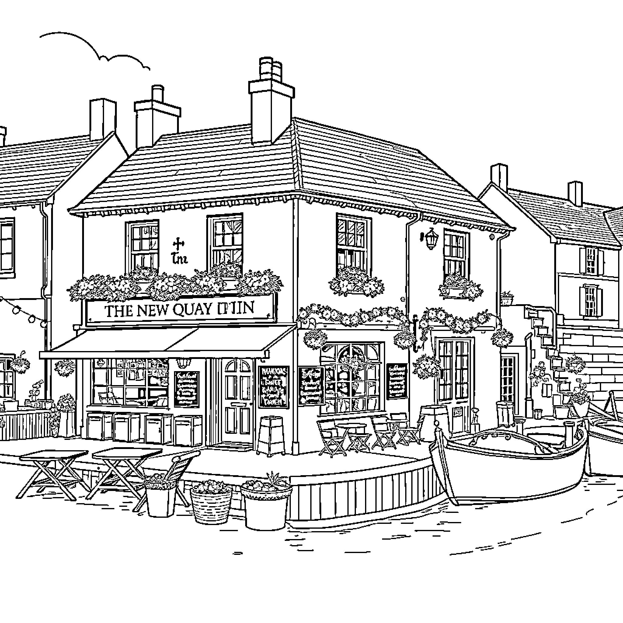 Quay Inn with Outdoor Seating and Boats Coloring Page (free black-and-white line drawing printable PDF for all, from beginners to advanced learners, including children, teens, adults, and seniors)