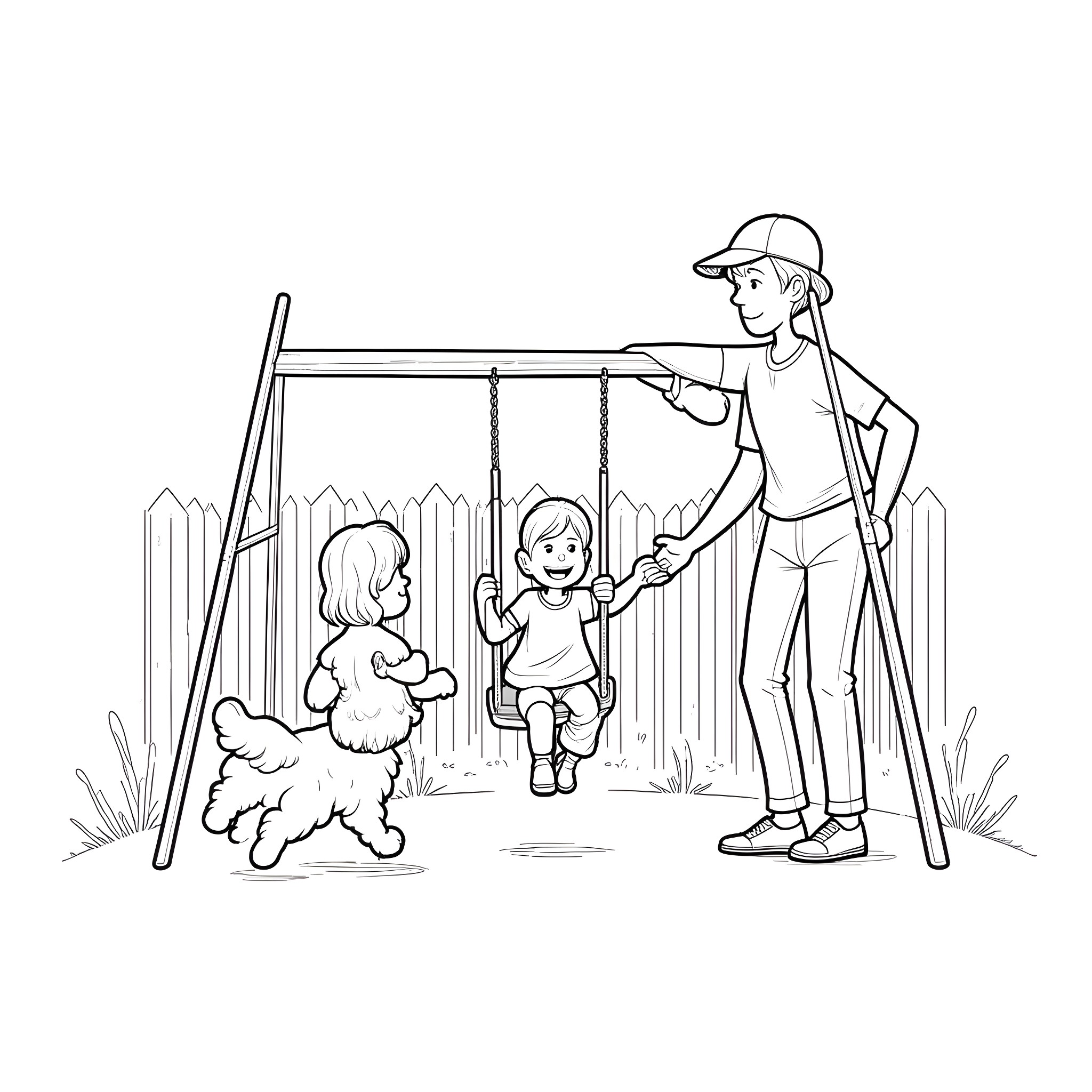 Grandfather playing with child on swing set Coloring Page (free black-and-white line drawing printable PDF for all, from beginners to advanced learners, including children, teens, adults, and seniors)