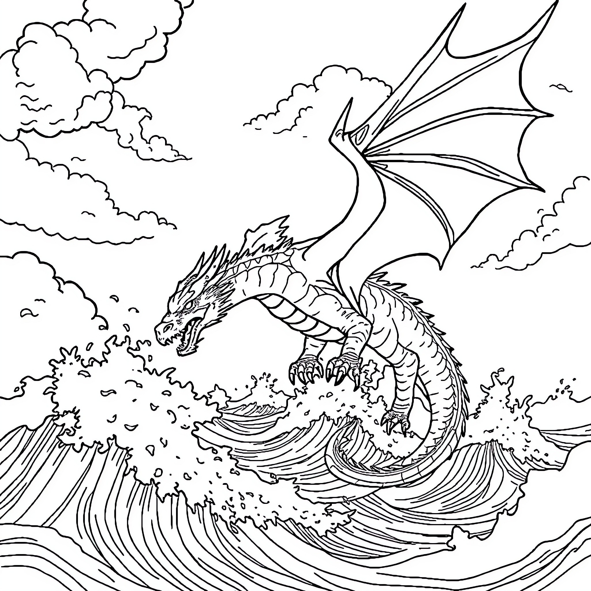 Dragon soaring through stormy skies Coloring Page (free black-and-white line drawing printable PDF for all, from beginners to advanced learners, including children, teens, adults, and seniors)