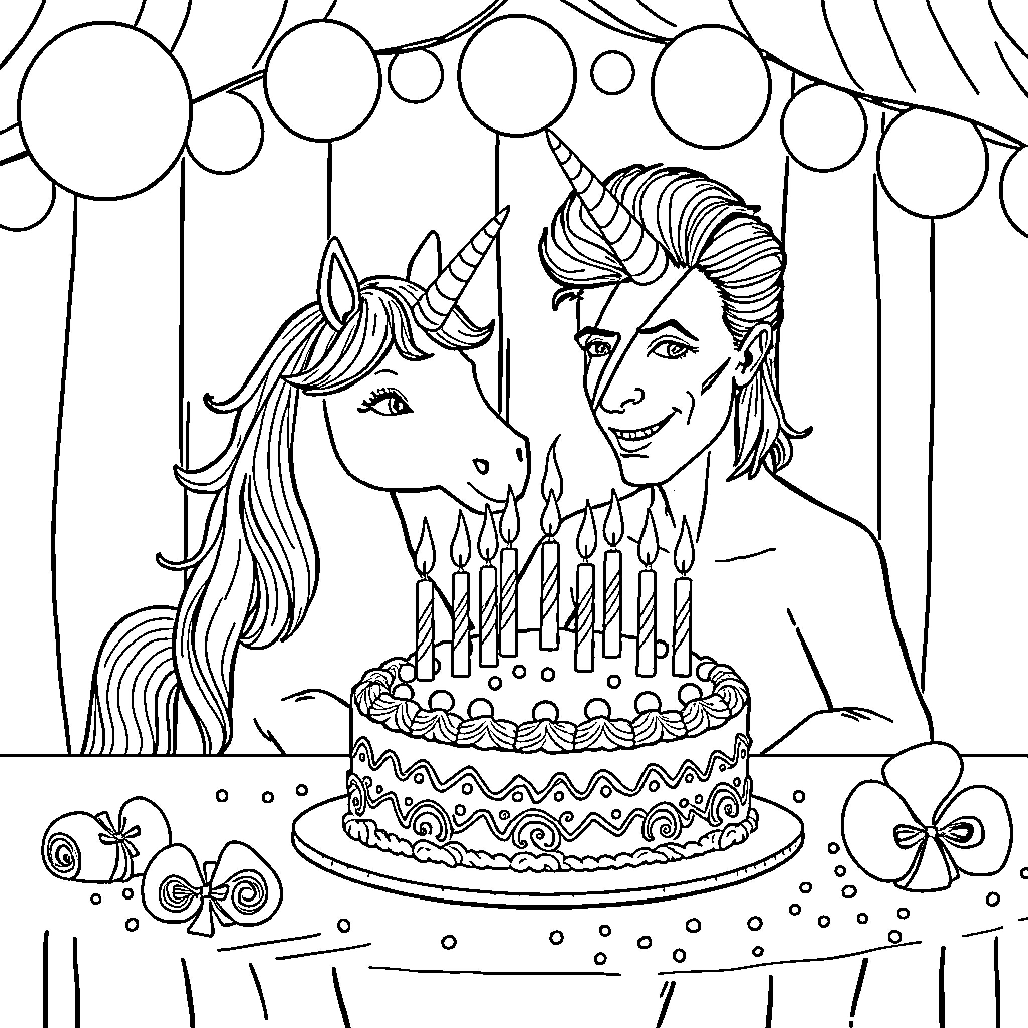 Unicorn and person celebrating birthday together Coloring Page (free black-and-white line drawing printable PDF for all, from beginners to advanced learners, including children, teens, adults, and seniors)