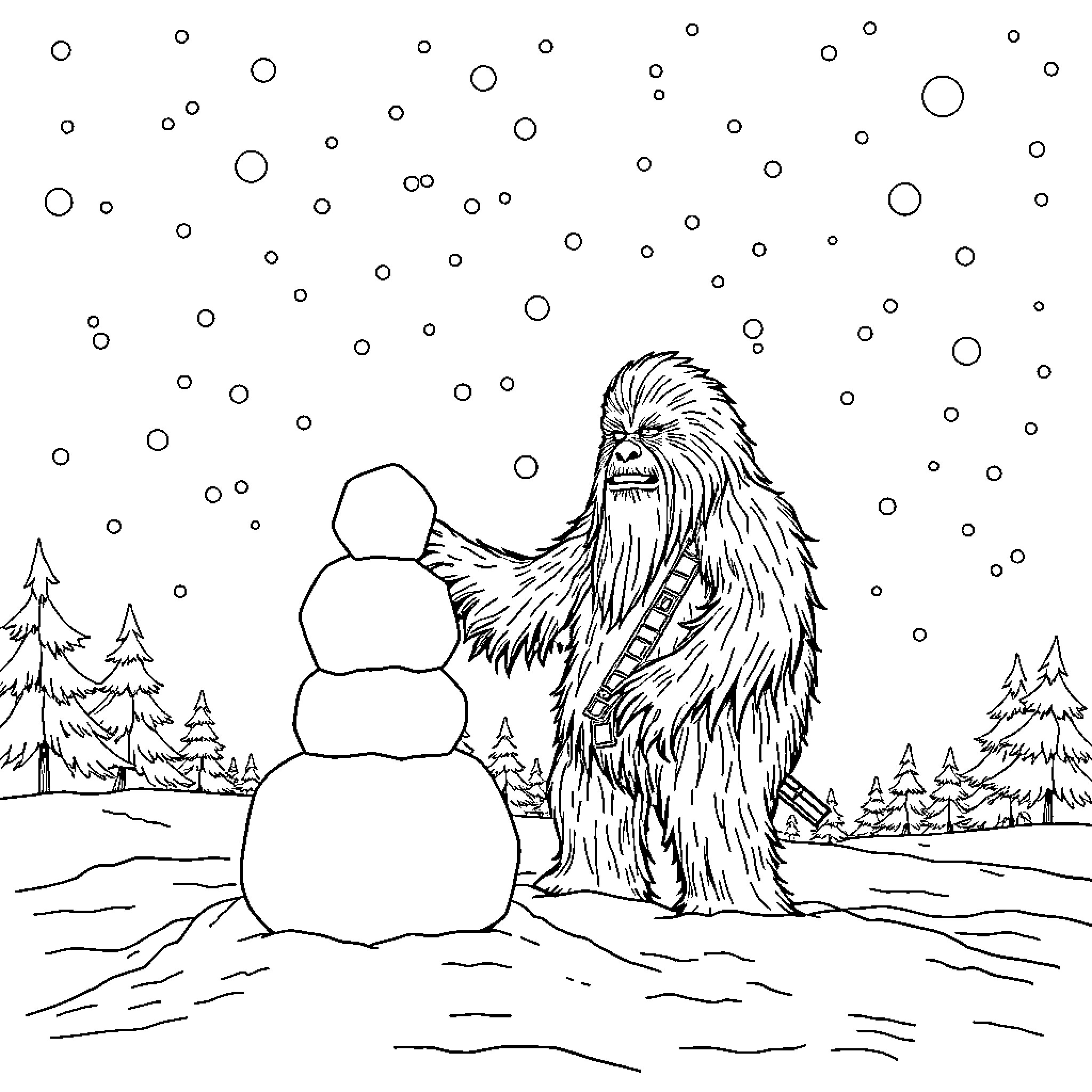 Wookiee building a snowman in a snowy forest Coloring Page (free black-and-white line drawing printable PDF for all, from beginners to advanced learners, including children, teens, adults, and seniors)