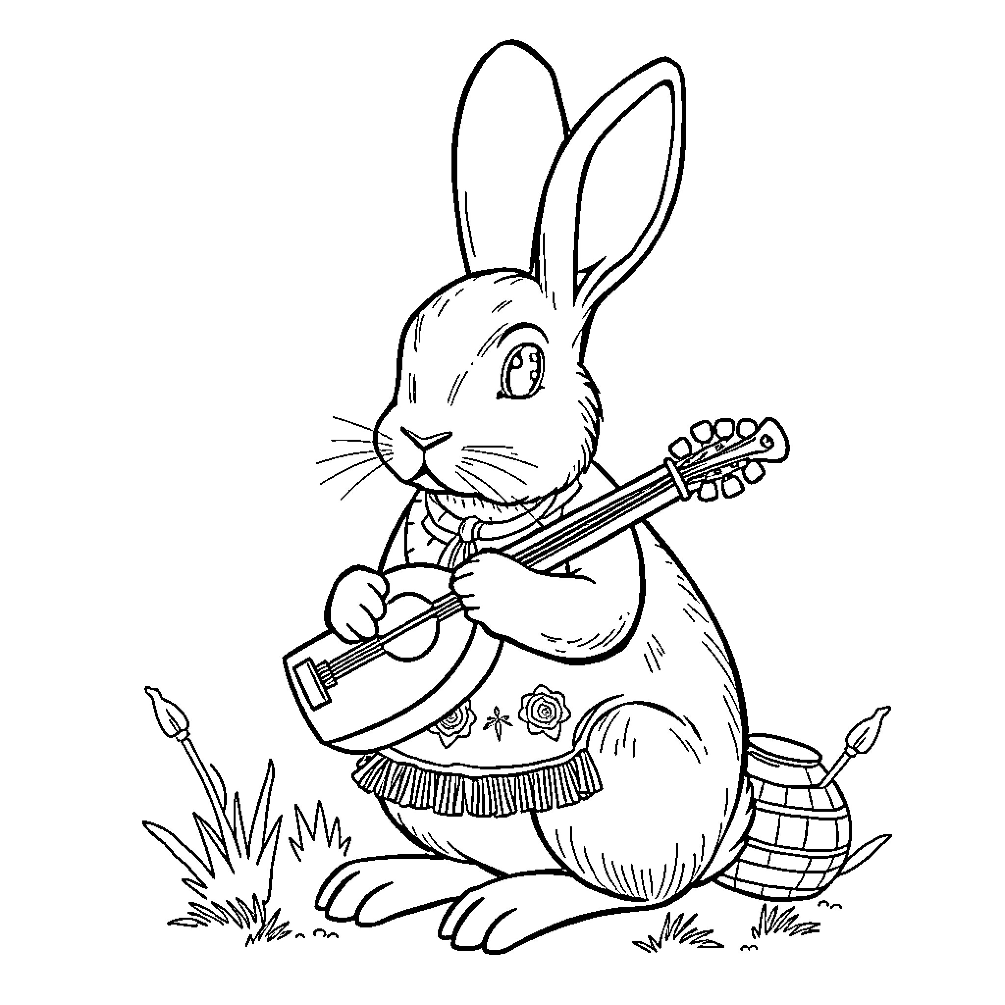Muslim Rabbit playing guitar in the meadow Coloring Page (free black-and-white line drawing printable PDF for all, from beginners to advanced learners, including children, teens, adults, and seniors)