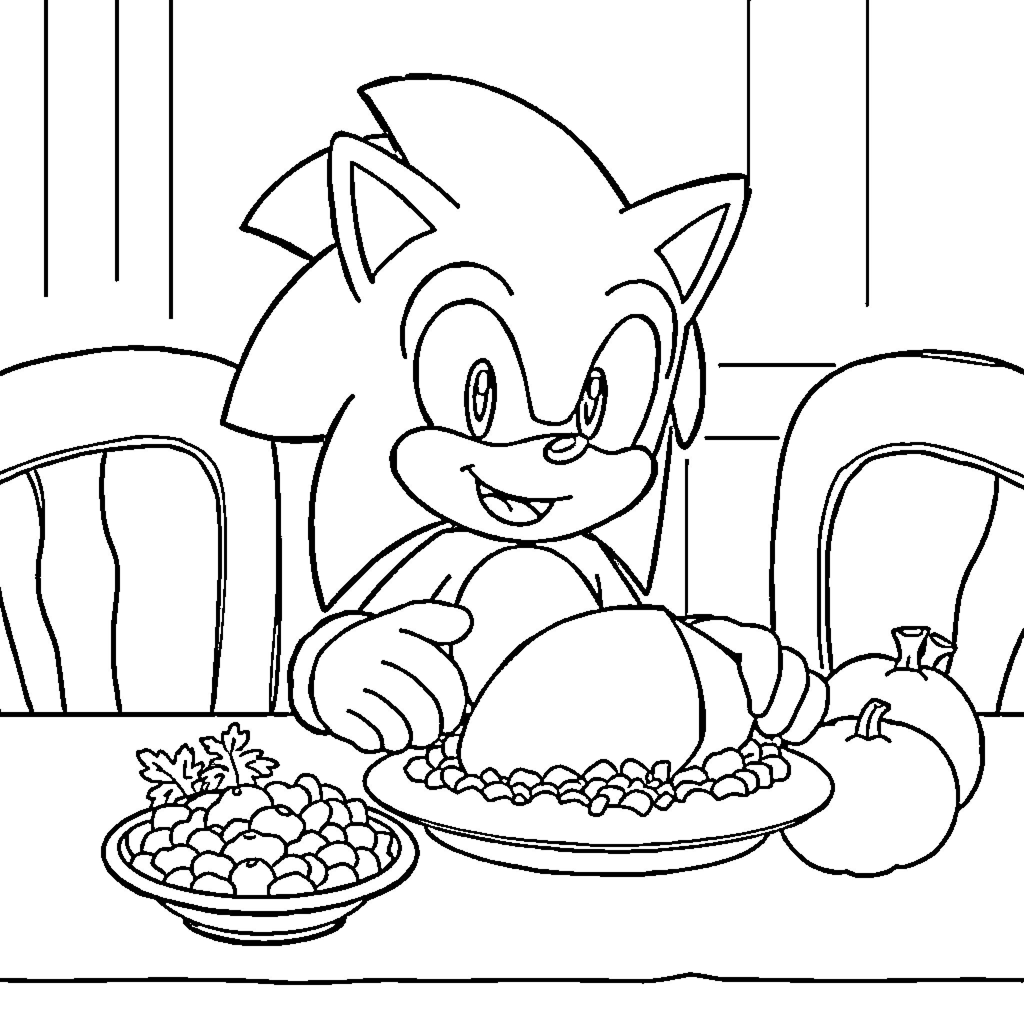Sonic enjoying a tasty meal Coloring Page (free black-and-white line drawing printable PDF for all, from beginners to advanced learners, including children, teens, adults, and seniors)
