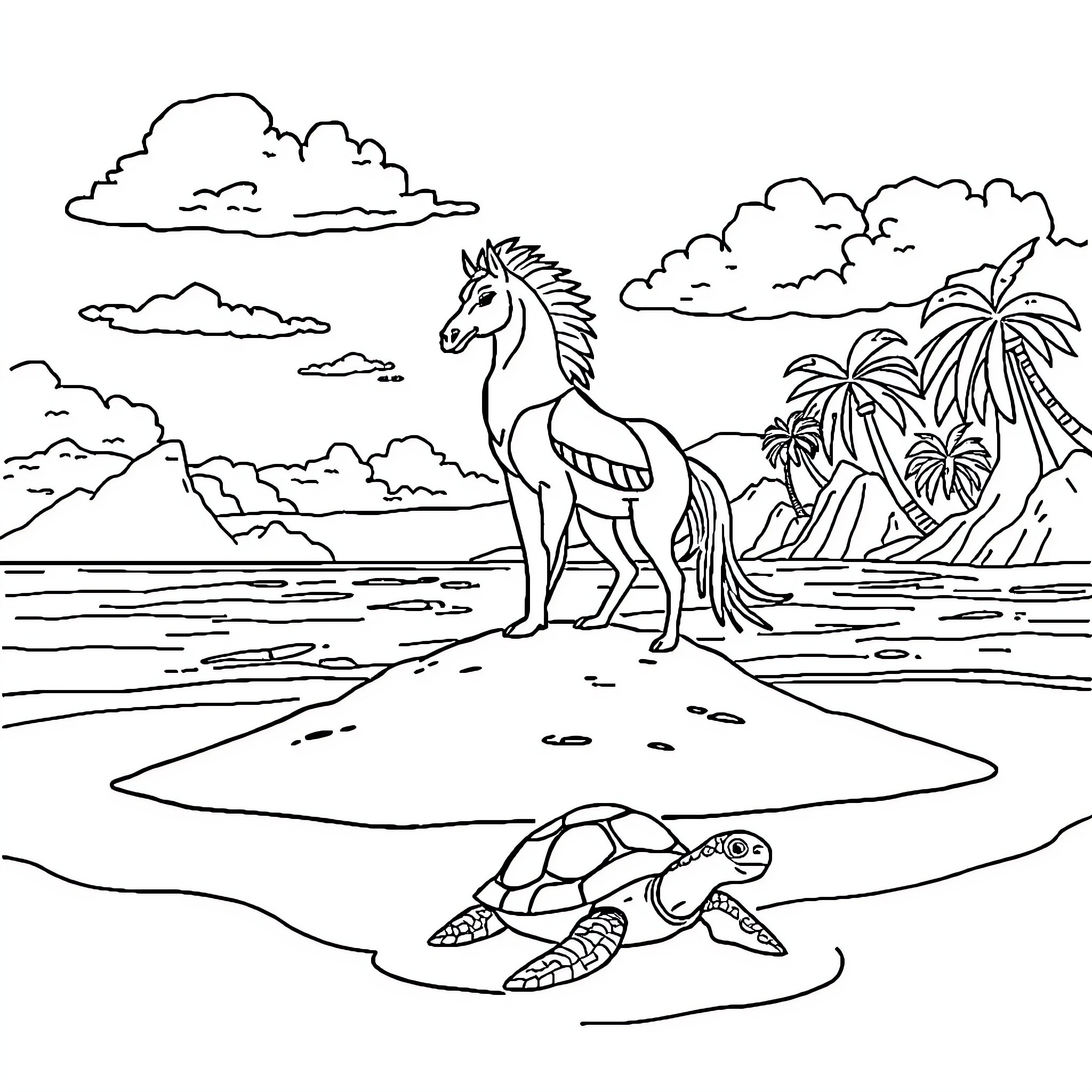 Human in tropical beach scene with horse and turtle Coloring Page (free black-and-white line drawing printable PDF for all, from beginners to advanced learners, including children, teens, adults, and seniors)