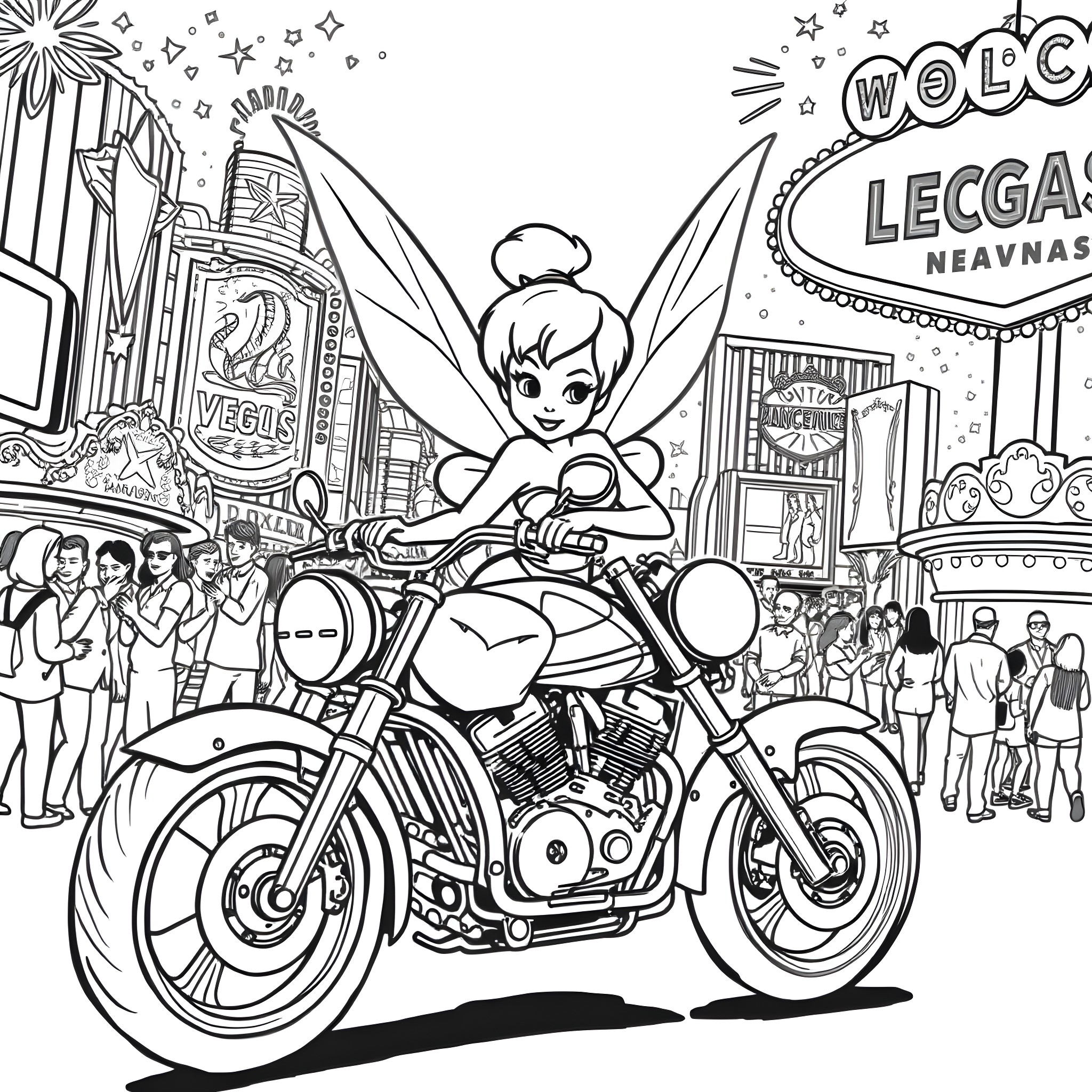 Tinkerbell rides a motorcycle through a lively city Coloring Page (free black-and-white line drawing printable PDF for all, from beginners to advanced learners, including children, teens, adults, and seniors)