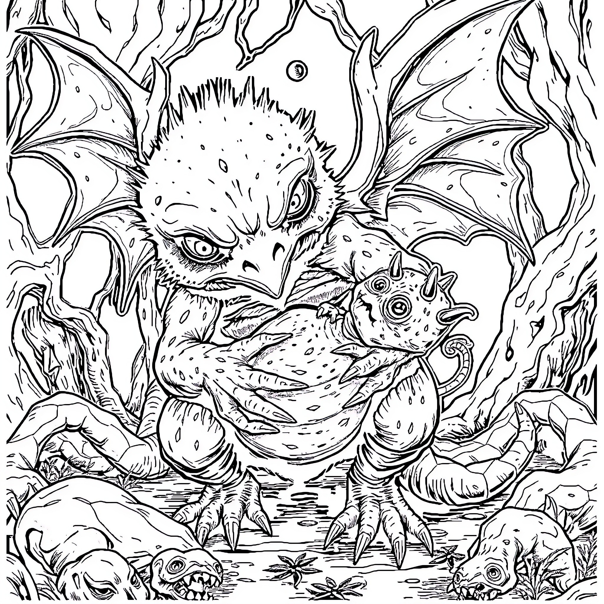 Bitelchus: Creatures of the Primordial Realm Coloring Page (free black-and-white line drawing printable PDF for all, from beginners to advanced learners, including children, teens, adults, and seniors)