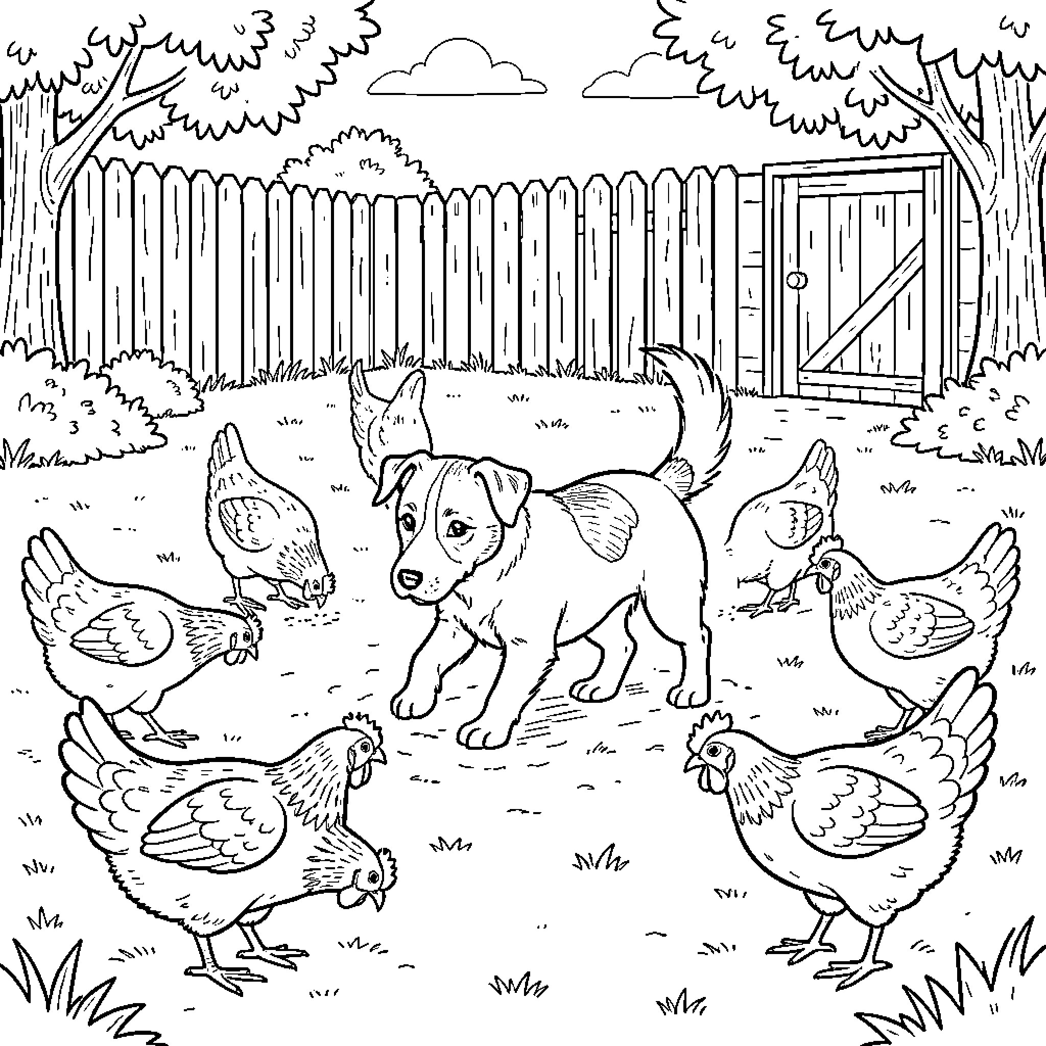 Jack Russell Terrier interacting with chickens in a backyard Coloring Page (free black-and-white line drawing printable PDF for all, from beginners to advanced learners, including children, teens, adults, and seniors)