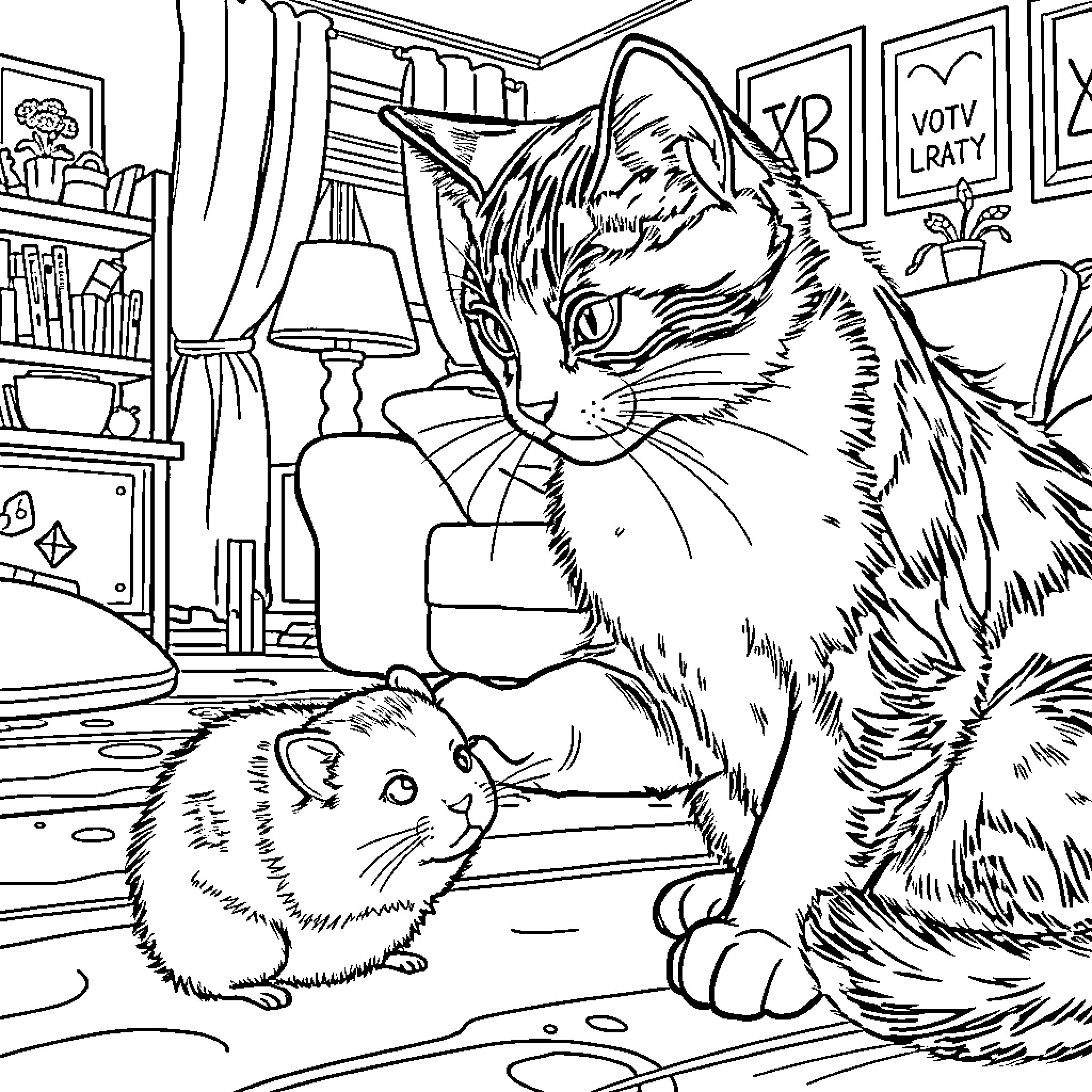 Cats Sitting in an Indoor Room Coloring Page (free black-and-white line drawing printable PDF for all, from beginners to advanced learners, including children, teens, adults, and seniors)