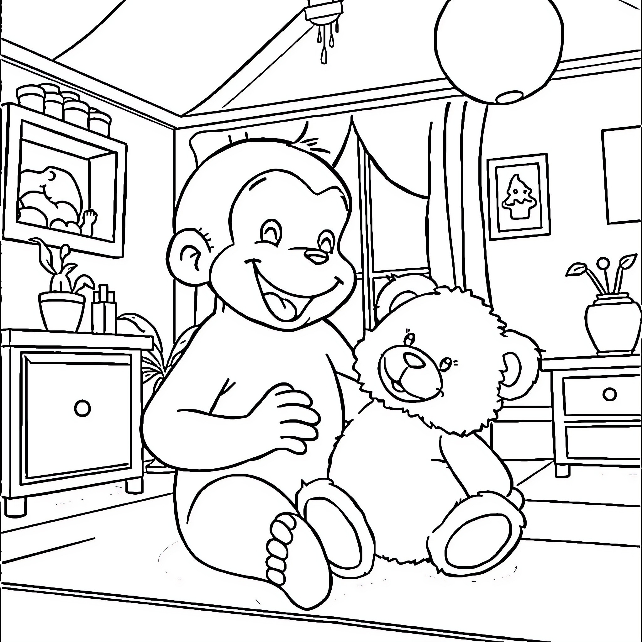 Curious George plays happily with his stuffed animal Coloring Page (free black-and-white line drawing printable PDF for all, from beginners to advanced learners, including children, teens, adults, and seniors)