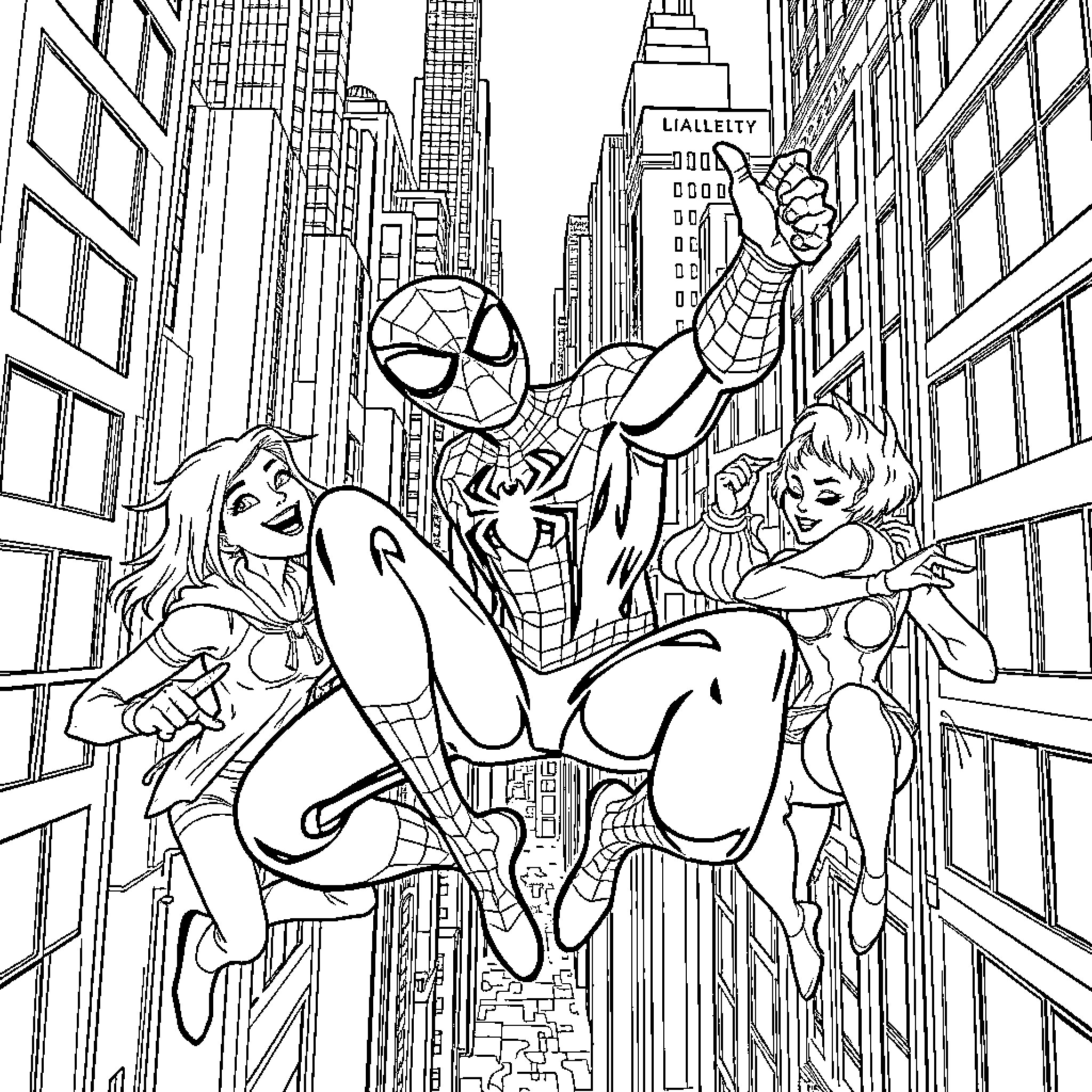 Spidey swings through the city with friends Coloring Page (free black-and-white line drawing printable PDF for all, from beginners to advanced learners, including children, teens, adults, and seniors)