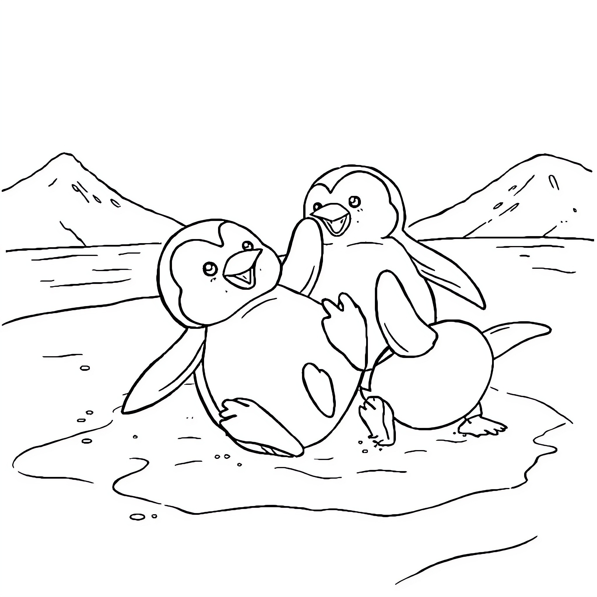 Penguins playing together in the snow Coloring Page (free black-and-white line drawing printable PDF for all, from beginners to advanced learners, including children, teens, adults, and seniors)