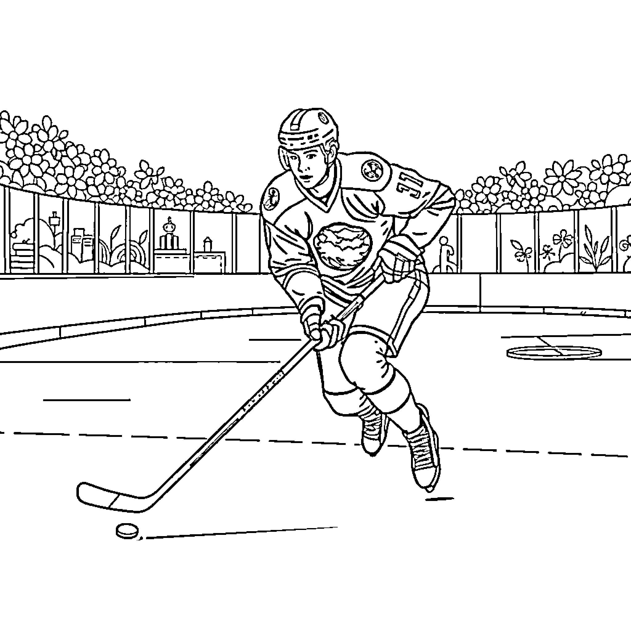 Yvan Demidov playing ice hockey on the rink Coloring Page (free black-and-white line drawing printable PDF for all, from beginners to advanced learners, including children, teens, adults, and seniors)
