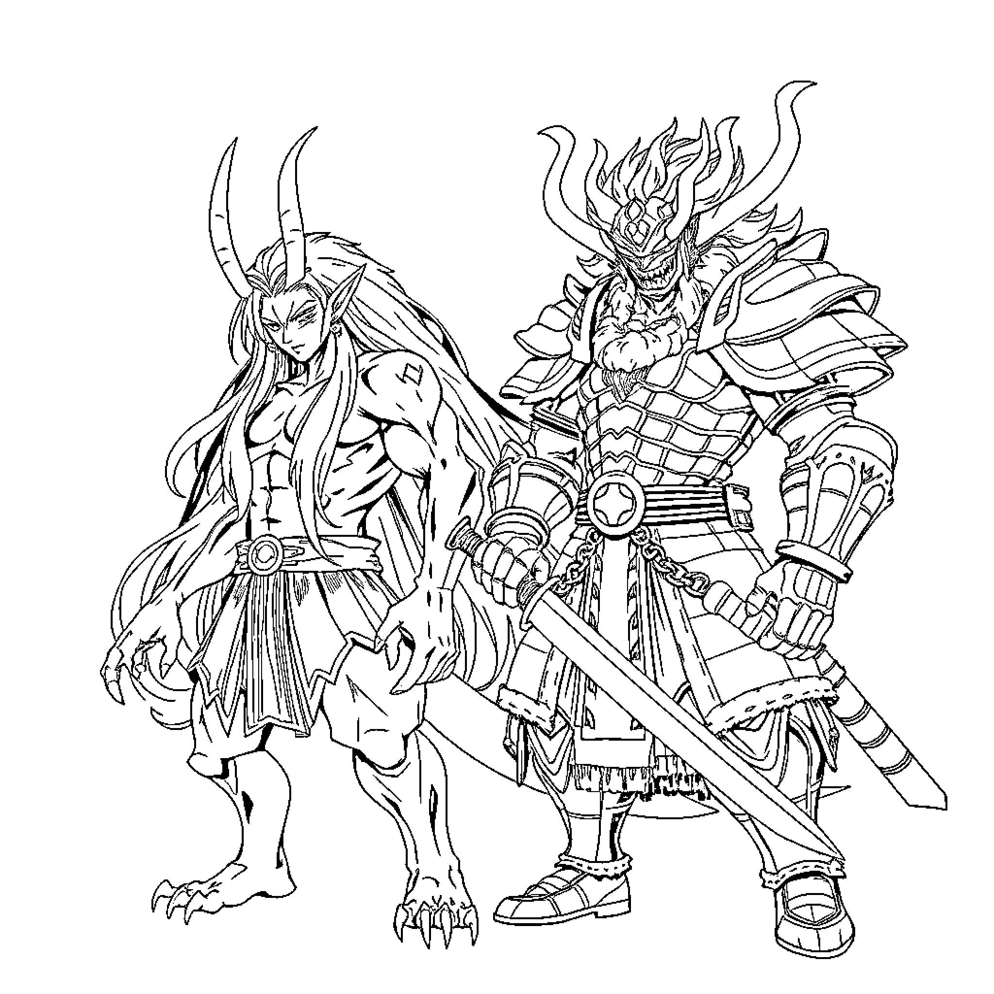 Seshomaru's Fierce Warrior Duo Coloring Page (free black-and-white line drawing printable PDF for all, from beginners to advanced learners, including children, teens, adults, and seniors)