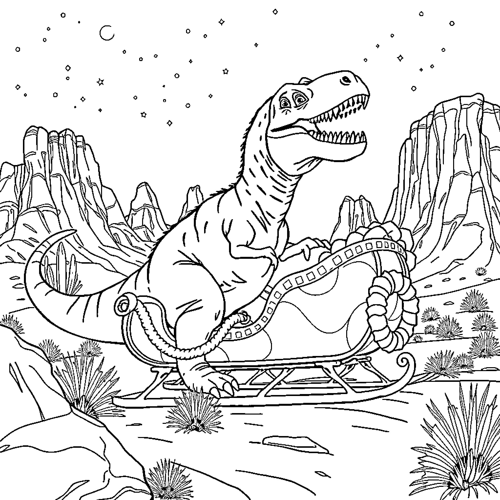 T-Rex Riding a Sled in a Snowy Landscape Coloring Page (free black-and-white line drawing printable PDF for all, from beginners to advanced learners, including children, teens, adults, and seniors)