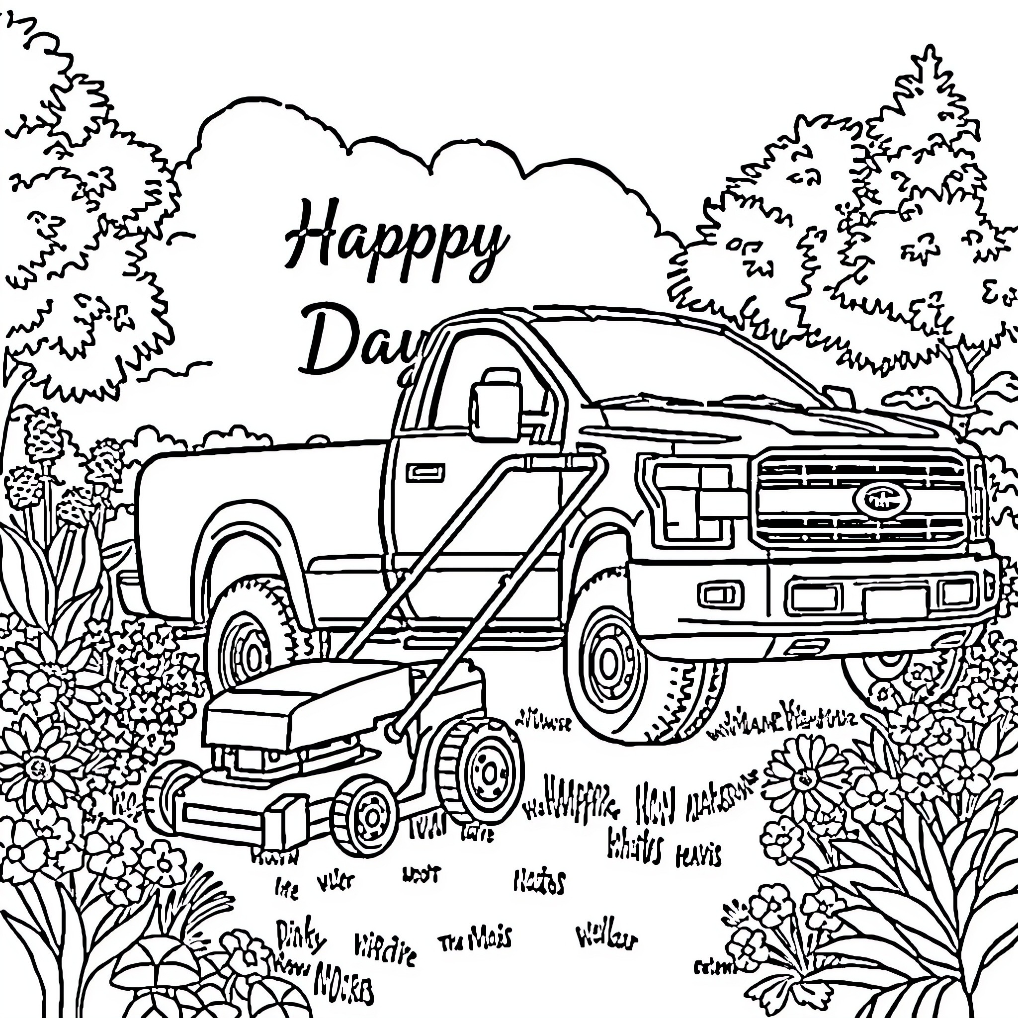 Lawn Mower Happy Day Landscape Scene Coloring Page (free black-and-white line drawing printable PDF for all, from beginners to advanced learners, including children, teens, adults, and seniors)