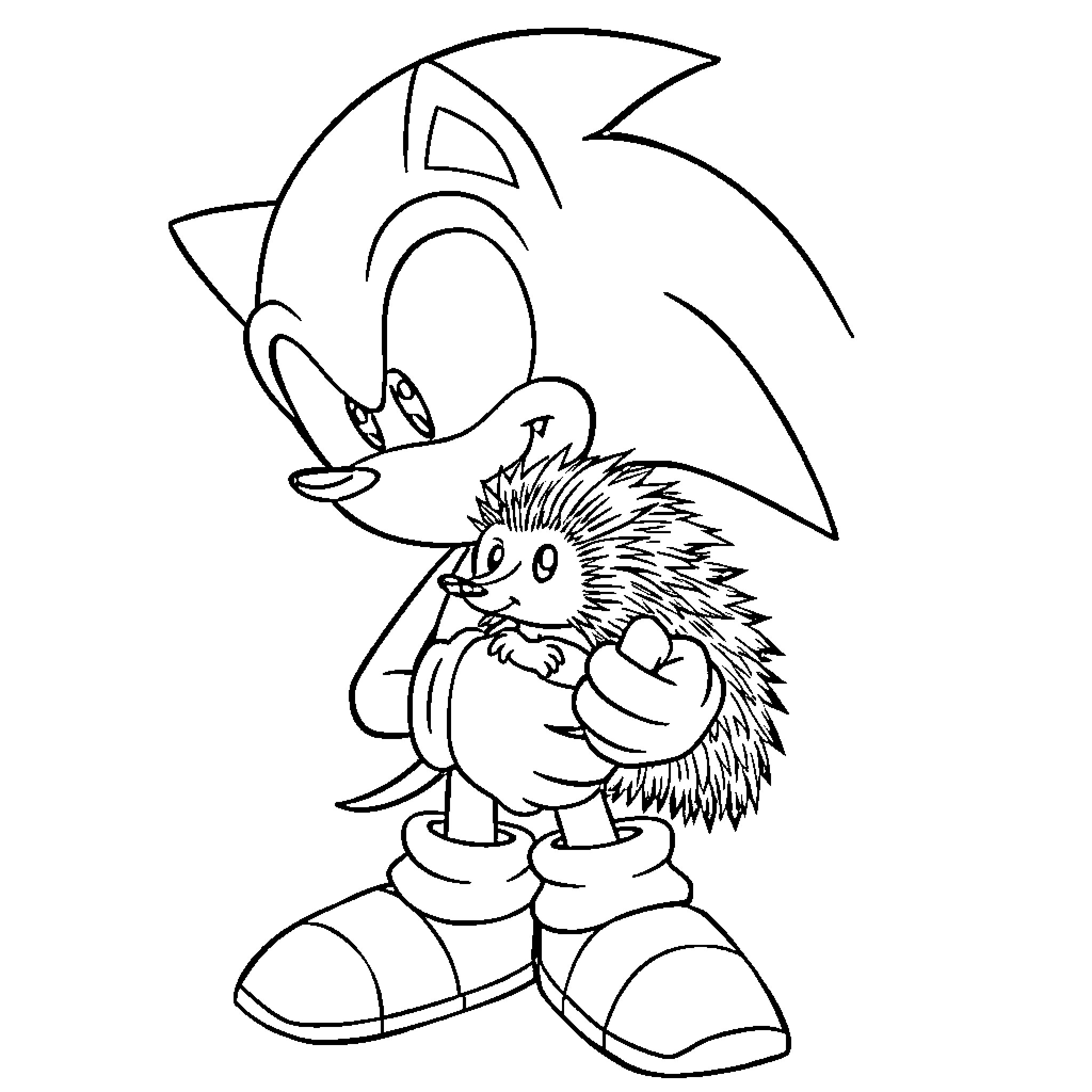 Sonic the Hedgehog playing with a cute animal Coloring Page (free black-and-white line drawing printable PDF for all, from beginners to advanced learners, including children, teens, adults, and seniors)