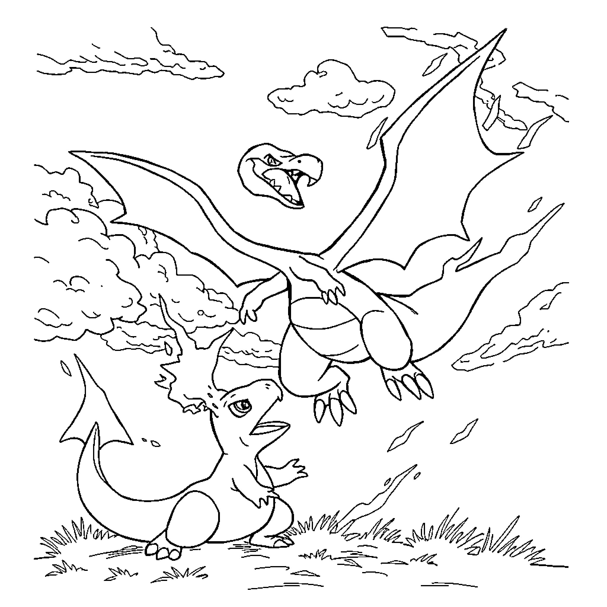 Charizard facing off against another Dragon-type Pokemon Coloring Page (free black-and-white line drawing printable PDF for all, from beginners to advanced learners, including children, teens, adults, and seniors)