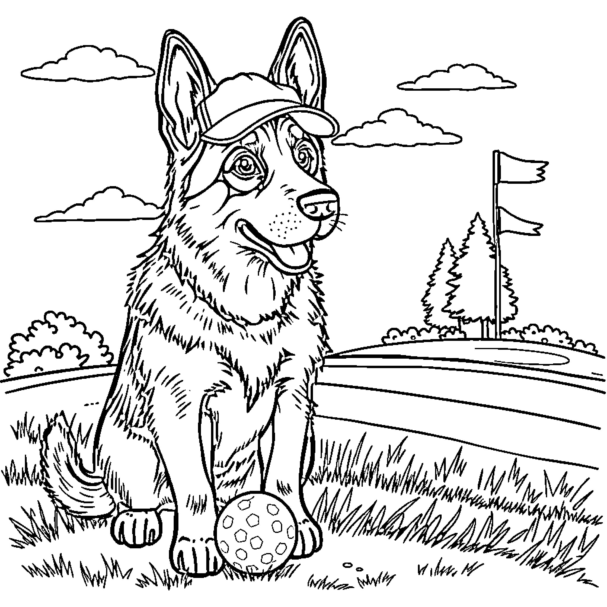 German Shepherd playing with ball in outdoor scene Coloring Page (free black-and-white line drawing printable PDF for all, from beginners to advanced learners, including children, teens, adults, and seniors)