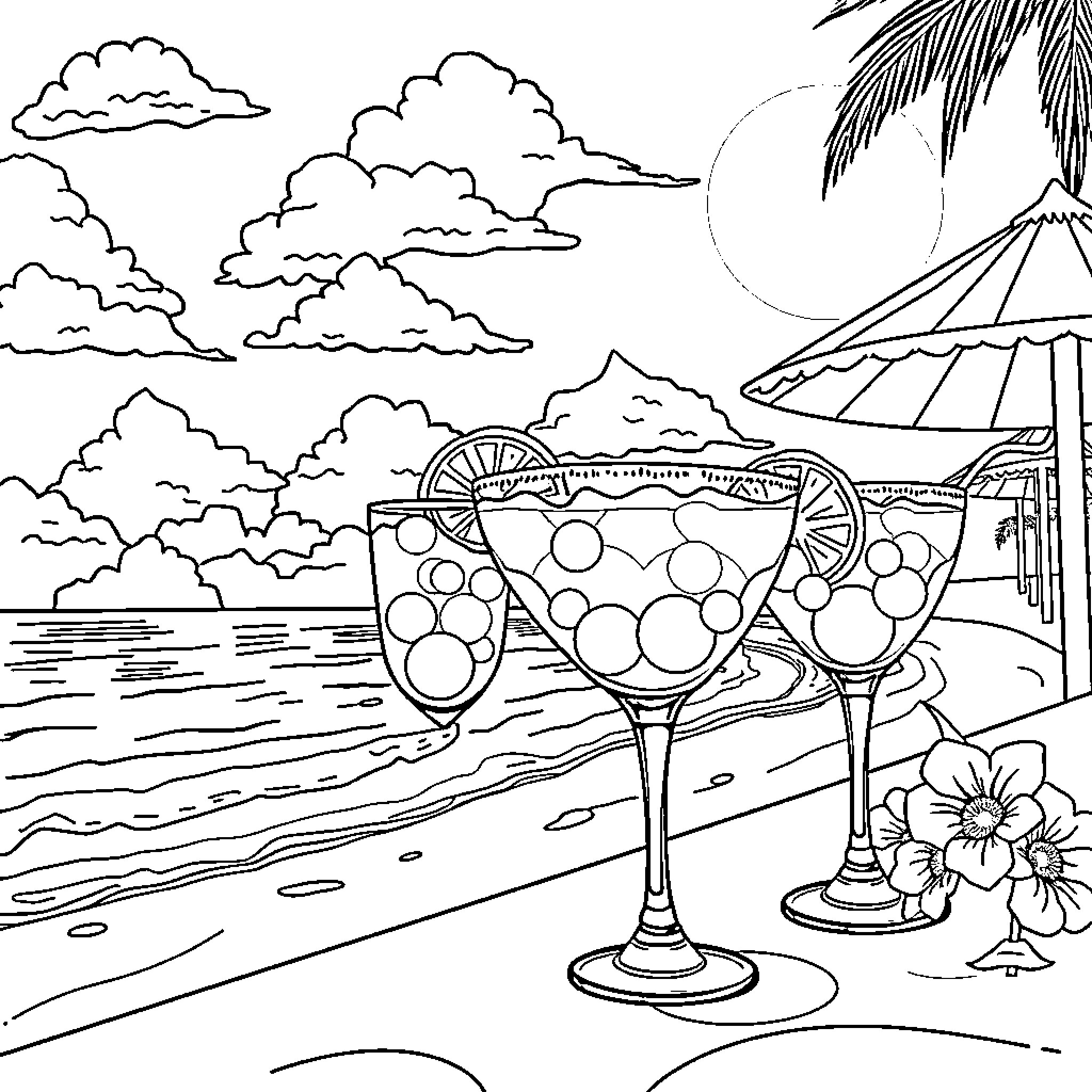 Margarita cocktails on the beach Coloring Page (free black-and-white line drawing printable PDF for all, from beginners to advanced learners, including children, teens, adults, and seniors)