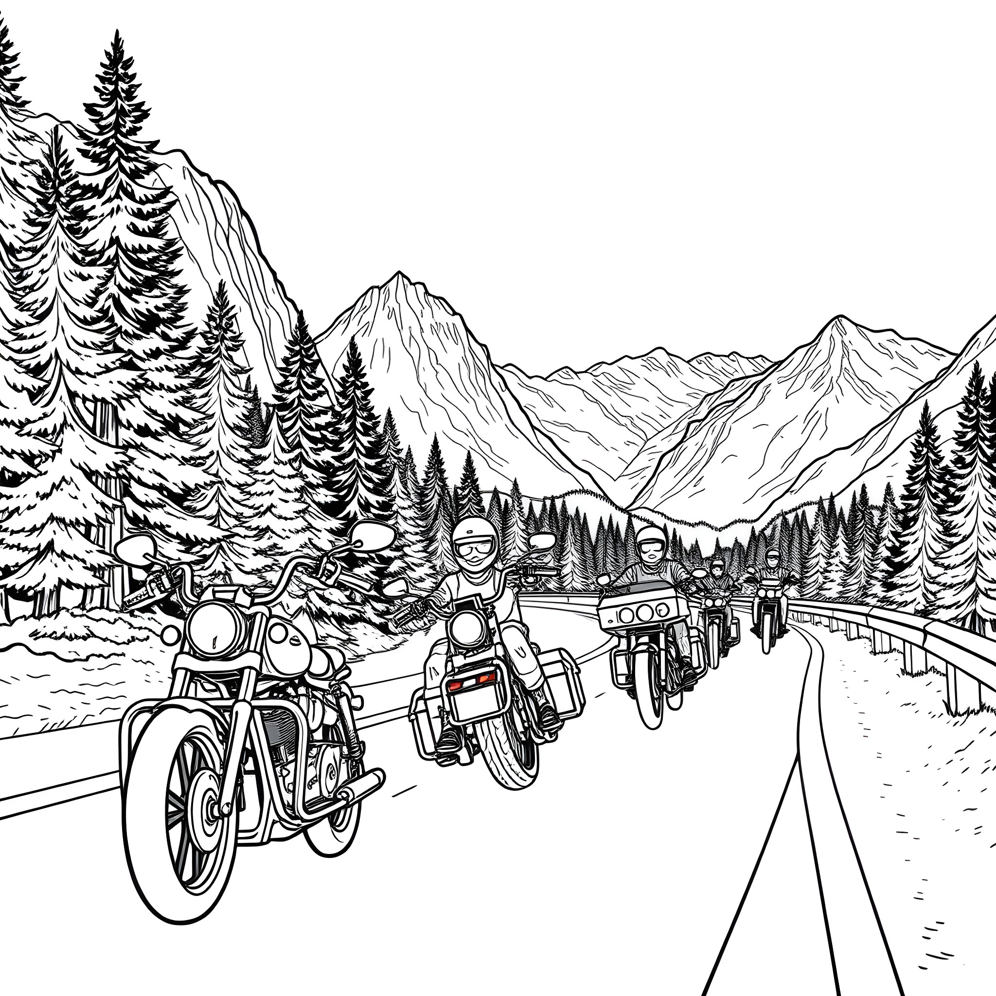 Motorcycle group riding through scenic mountain landscape Coloring Page (free black-and-white line drawing printable PDF for all, from beginners to advanced learners, including children, teens, adults, and seniors)