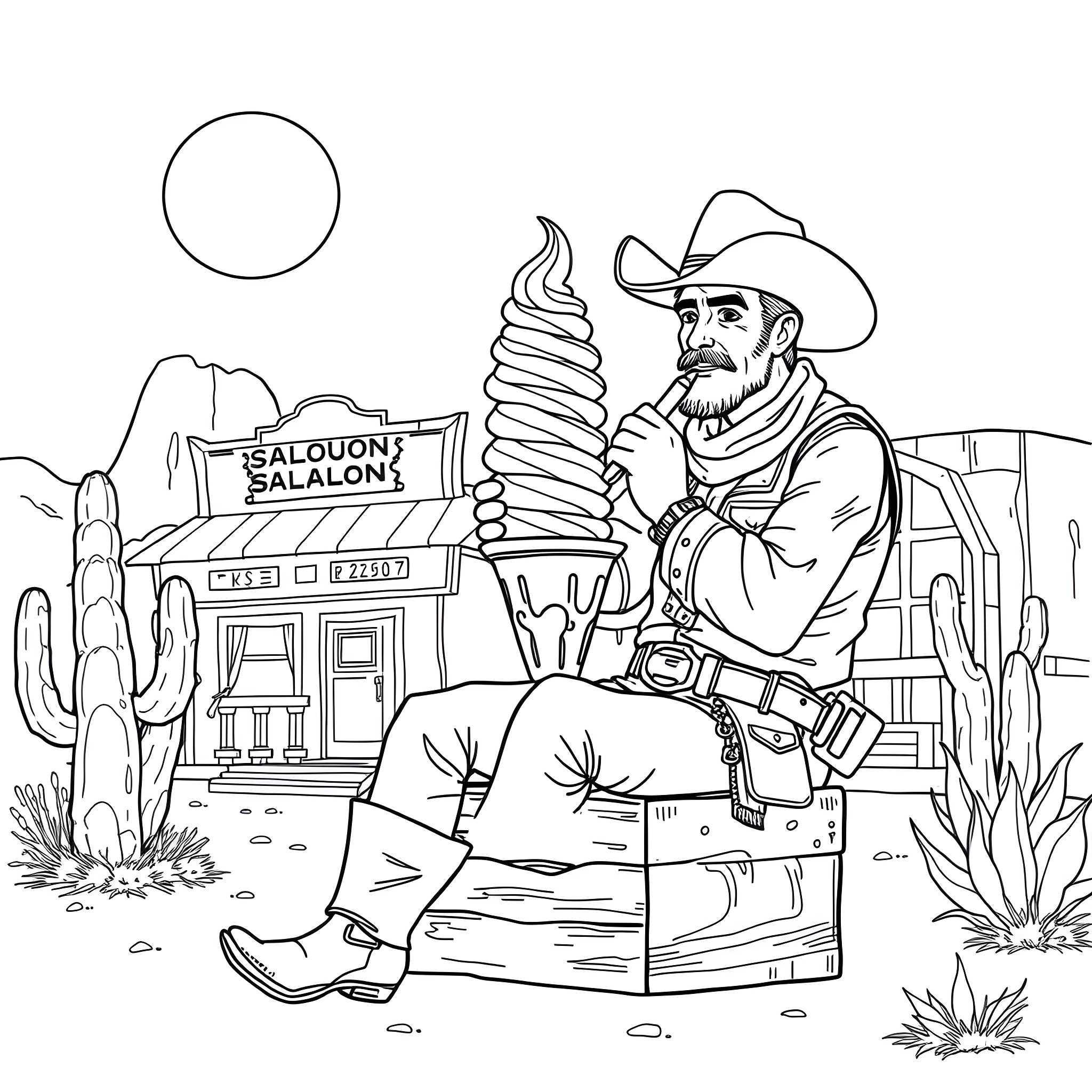 Ice Cream Cowboy Enjoys Refreshing Treat in Desert Town Coloring Page (free black-and-white line drawing printable PDF for all, from beginners to advanced learners, including children, teens, adults, and seniors)