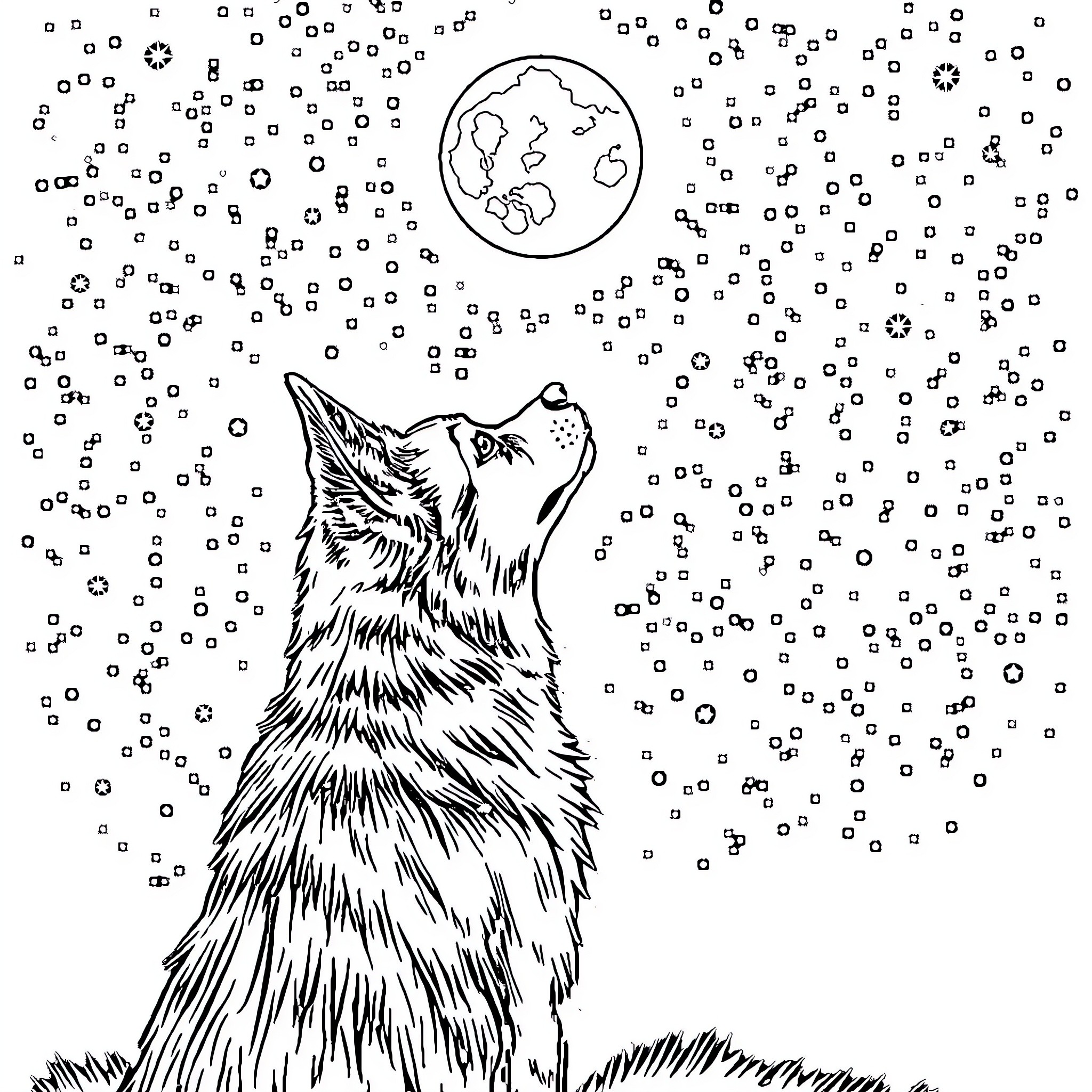 Dog howling at the moon in the snowy night Coloring Page (free black-and-white line drawing printable PDF for all, from beginners to advanced learners, including children, teens, adults, and seniors)