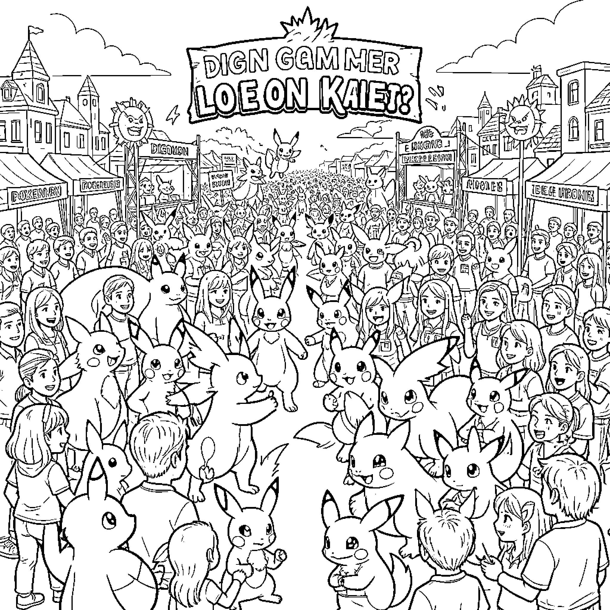 Digimon characters and children celebrating in a crowded festival Coloring Page (free black-and-white line drawing printable PDF for all, from beginners to advanced learners, including children, teens, adults, and seniors)