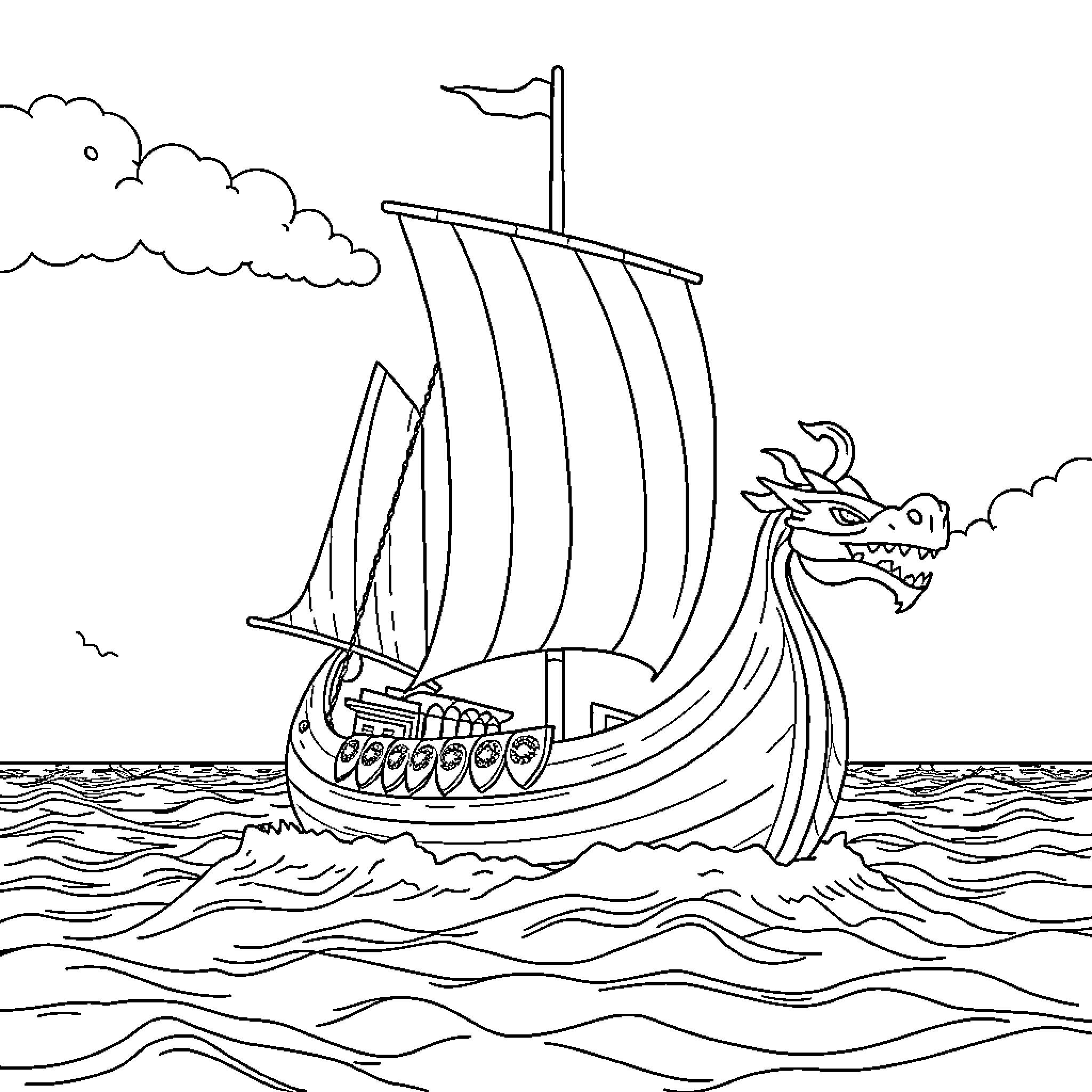 Viking Ship Sailing Across Stormy Seas Coloring Page (free black-and-white line drawing printable PDF for all, from beginners to advanced learners, including children, teens, adults, and seniors)