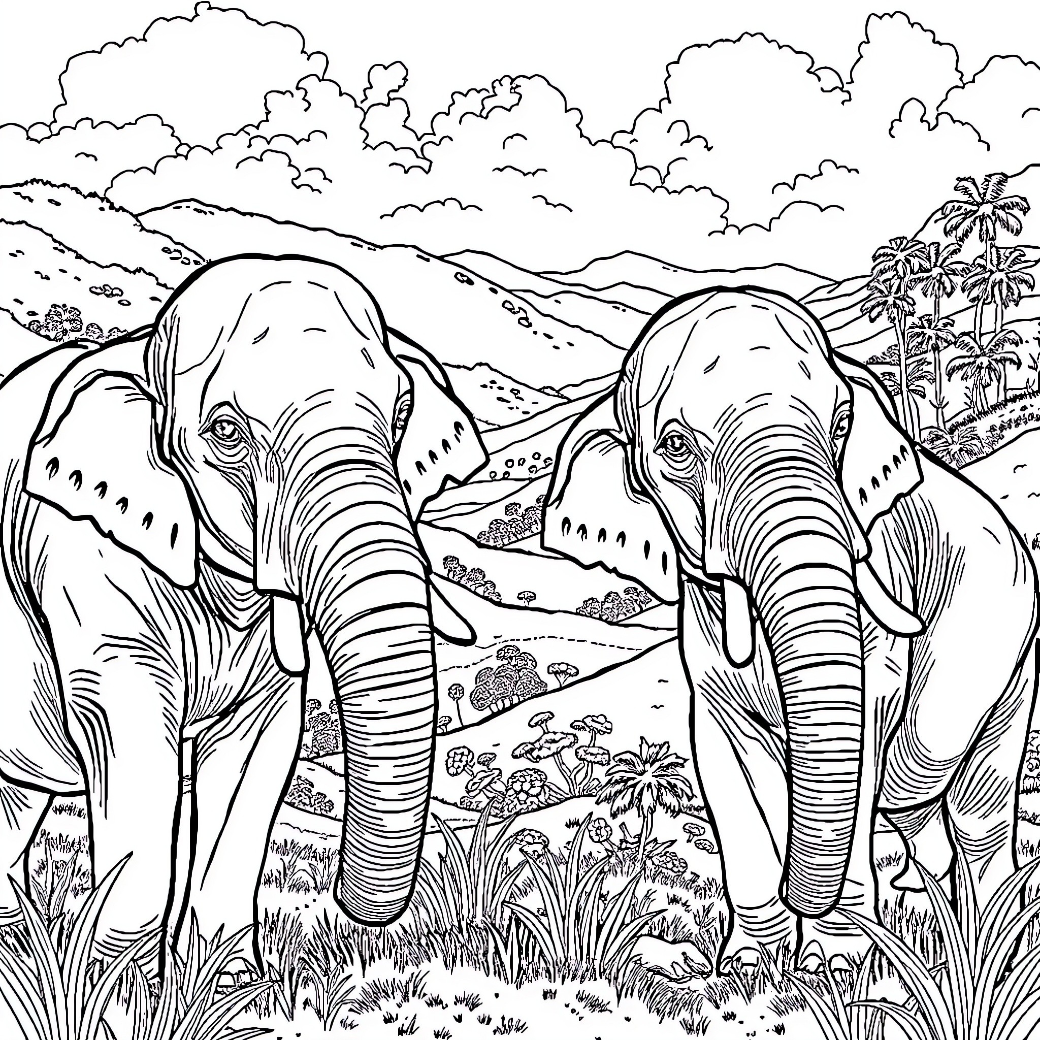Elephant duo exploring the scenic wilderness Coloring Page (free black-and-white line drawing printable PDF for all, from beginners to advanced learners, including children, teens, adults, and seniors)