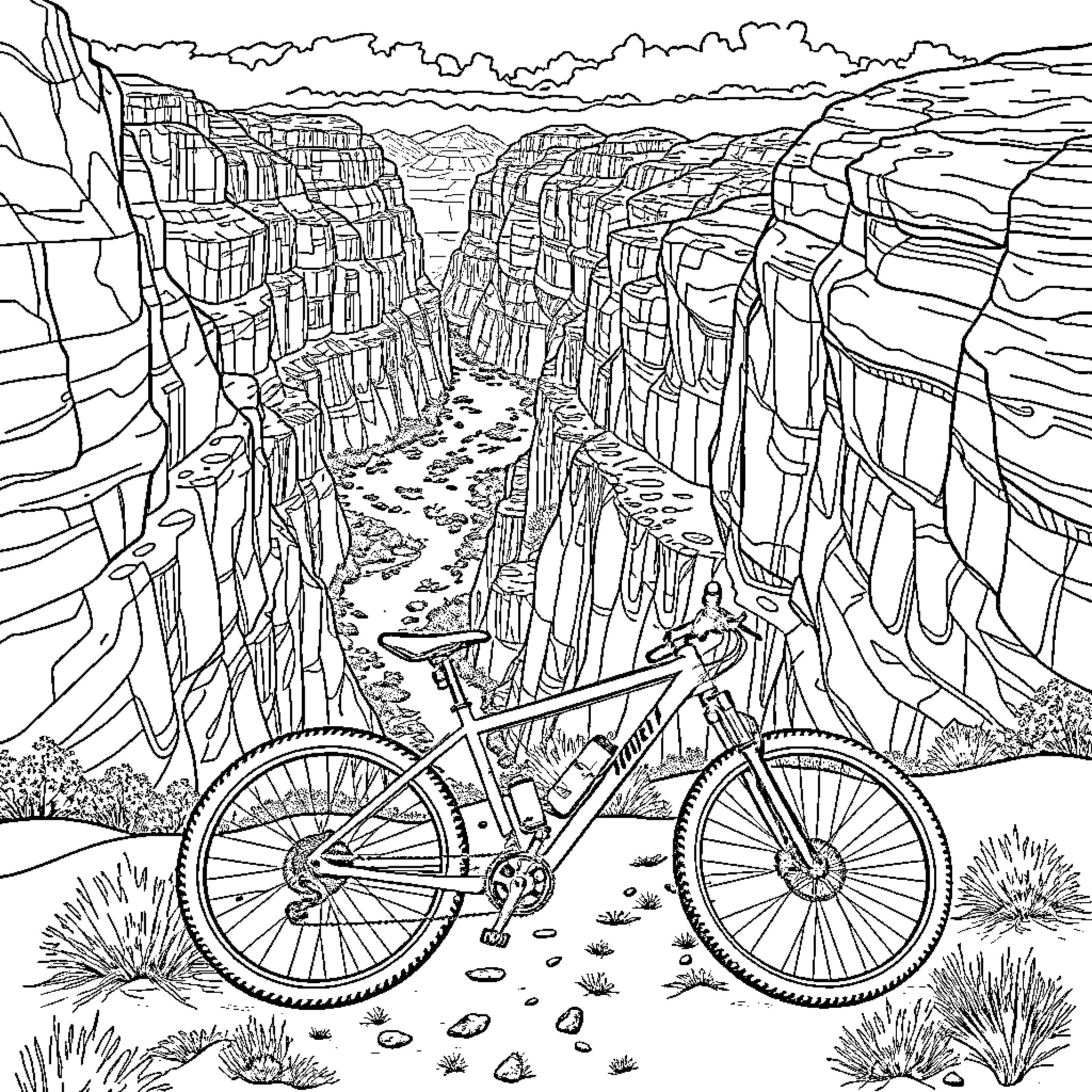 Bicycle Ride Through Majestic Canyon Landscape Coloring Page (free black-and-white line drawing printable PDF for all, from beginners to advanced learners, including children, teens, adults, and seniors)