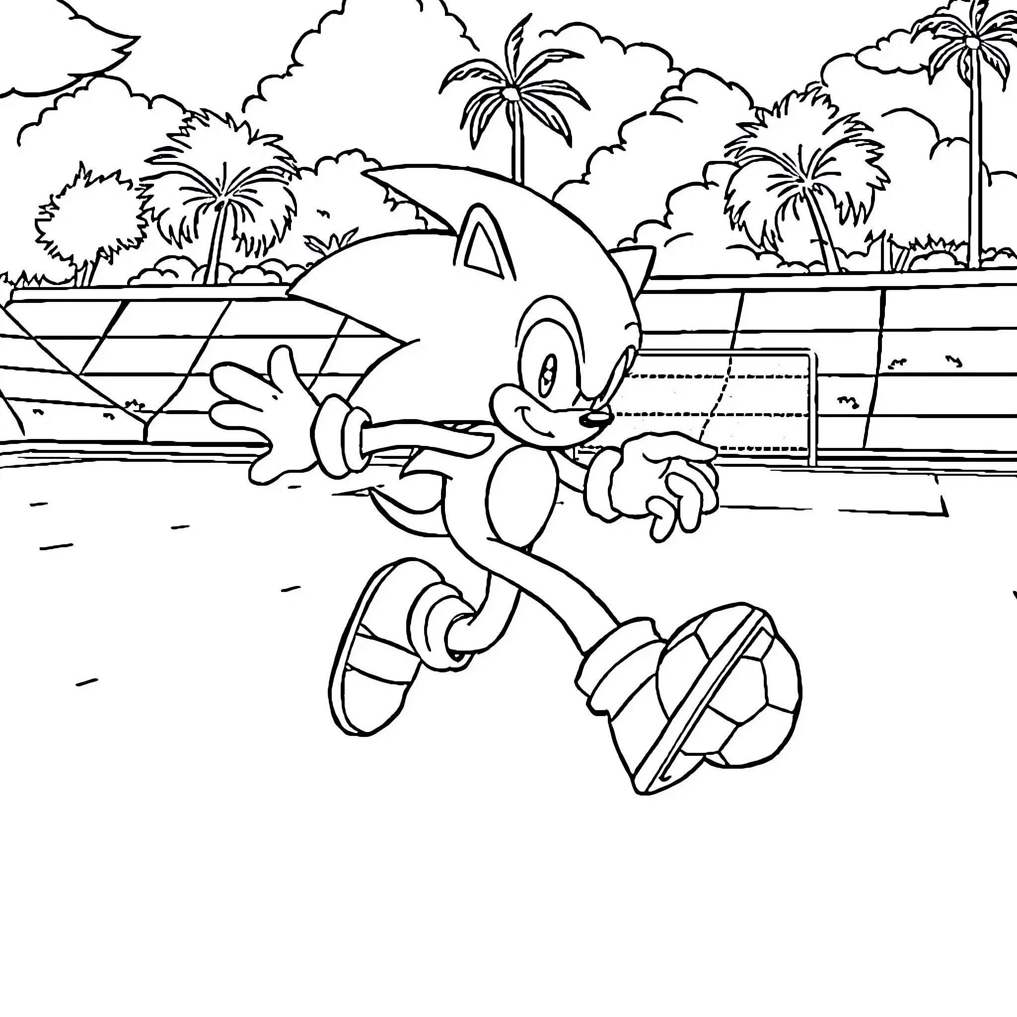 Sonic's tropical adventure on the beach Coloring Page (free black-and-white line drawing printable PDF for all, from beginners to advanced learners, including children, teens, adults, and seniors)