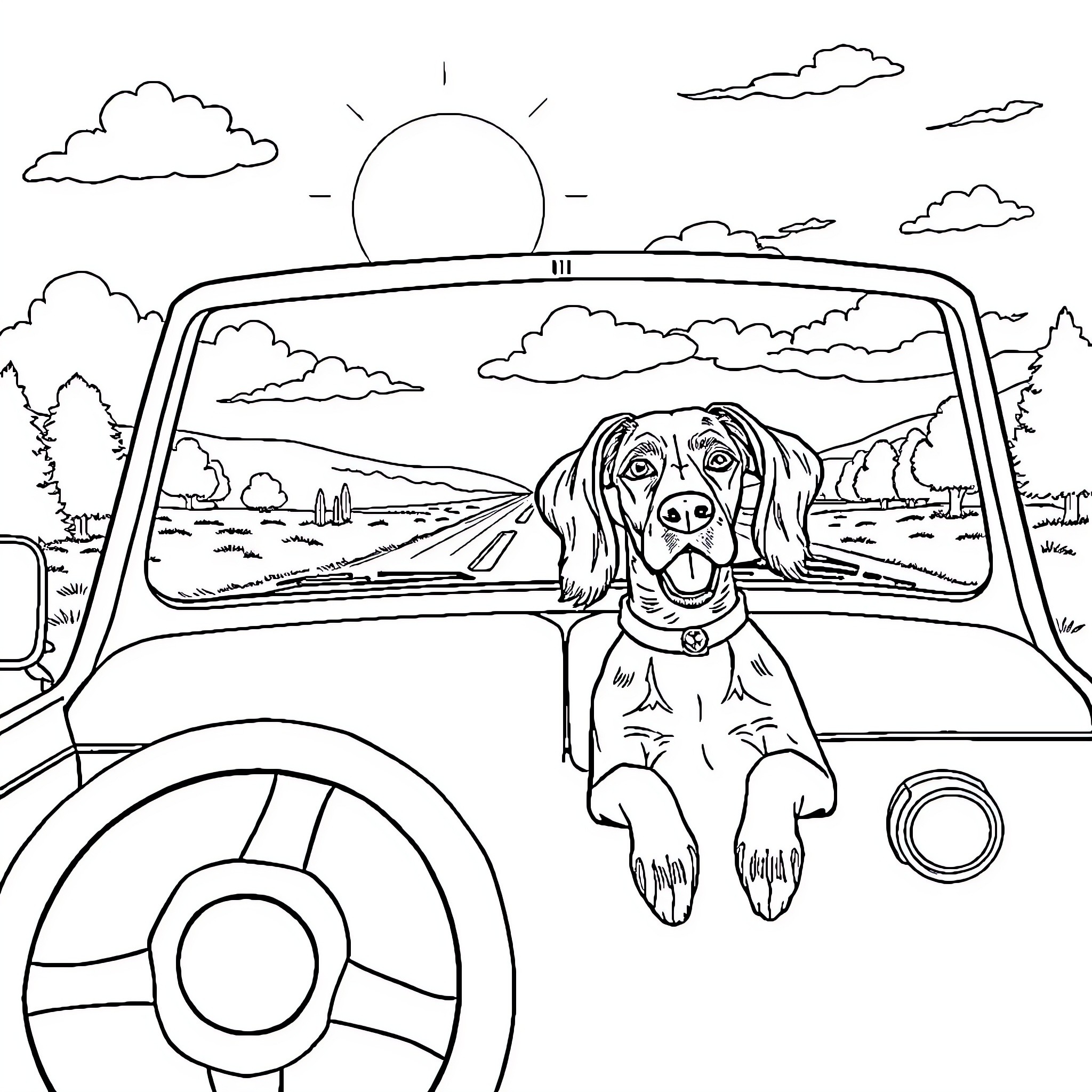 Vizsla enjoying the scenic drive Coloring Page (free black-and-white line drawing printable PDF for all, from beginners to advanced learners, including children, teens, adults, and seniors)