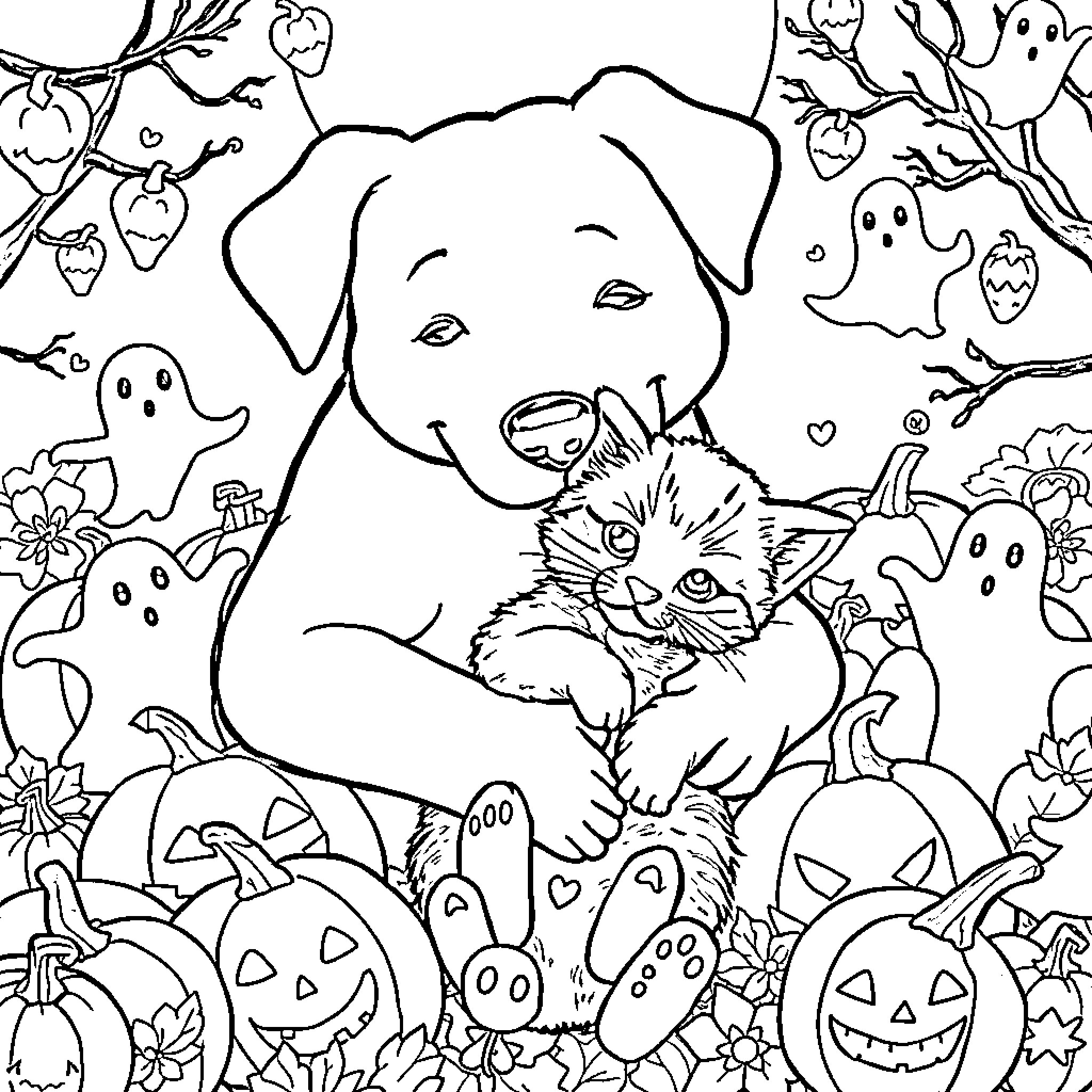 Dog Playing with Kittens and Ghosts on Halloween Coloring Page (free black-and-white line drawing printable PDF for all, from beginners to advanced learners, including children, teens, adults, and seniors)