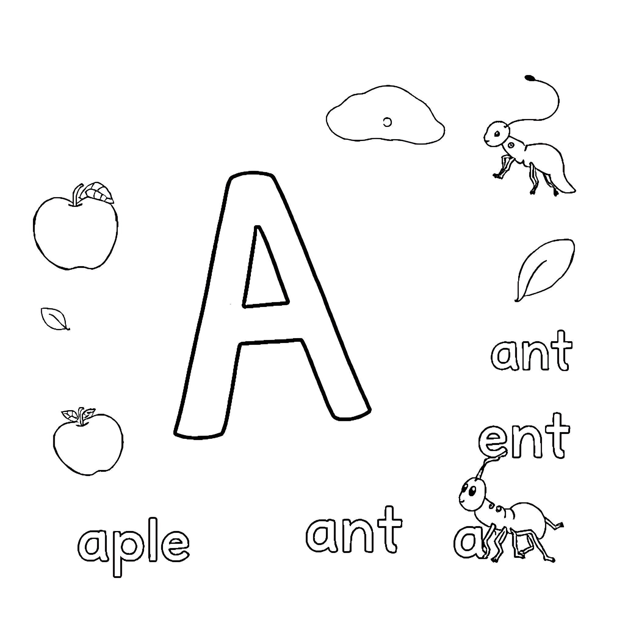 Letter A with various objects and animals Coloring Page (free black-and-white line drawing printable PDF for all, from beginners to advanced learners, including children, teens, adults, and seniors)