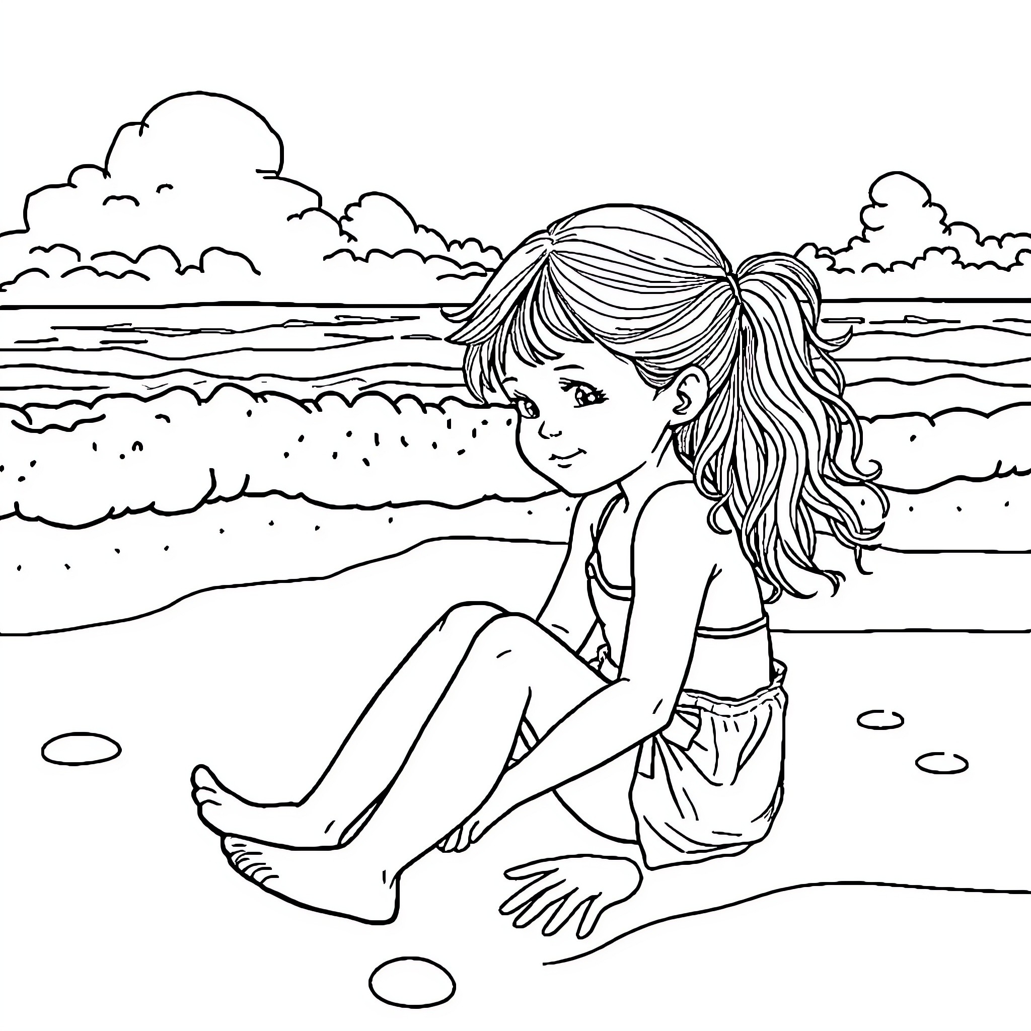Girl sitting peacefully on the beach Coloring Page (free black-and-white line drawing printable PDF for all, from beginners to advanced learners, including children, teens, adults, and seniors)