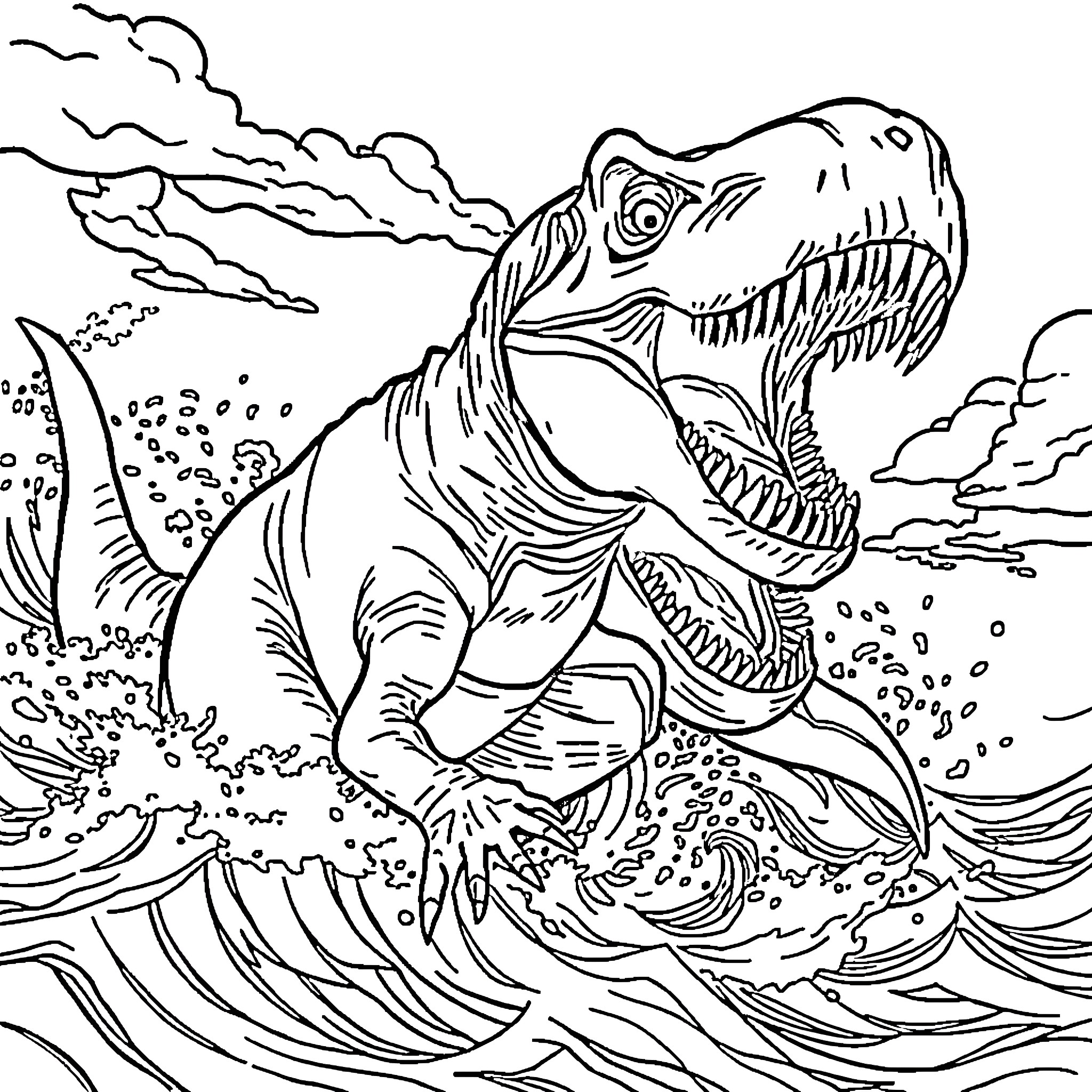 Dinosaur stalking through stormy waves Coloring Page (free black-and-white line drawing printable PDF for all, from beginners to advanced learners, including children, teens, adults, and seniors)