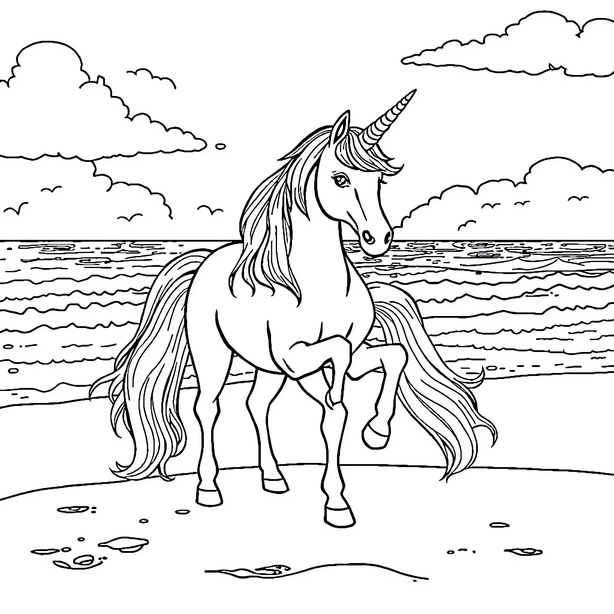 Unicorn standing majestically by the ocean Coloring Page (free black-and-white line drawing printable PDF for all, from beginners to advanced learners, including children, teens, adults, and seniors)
