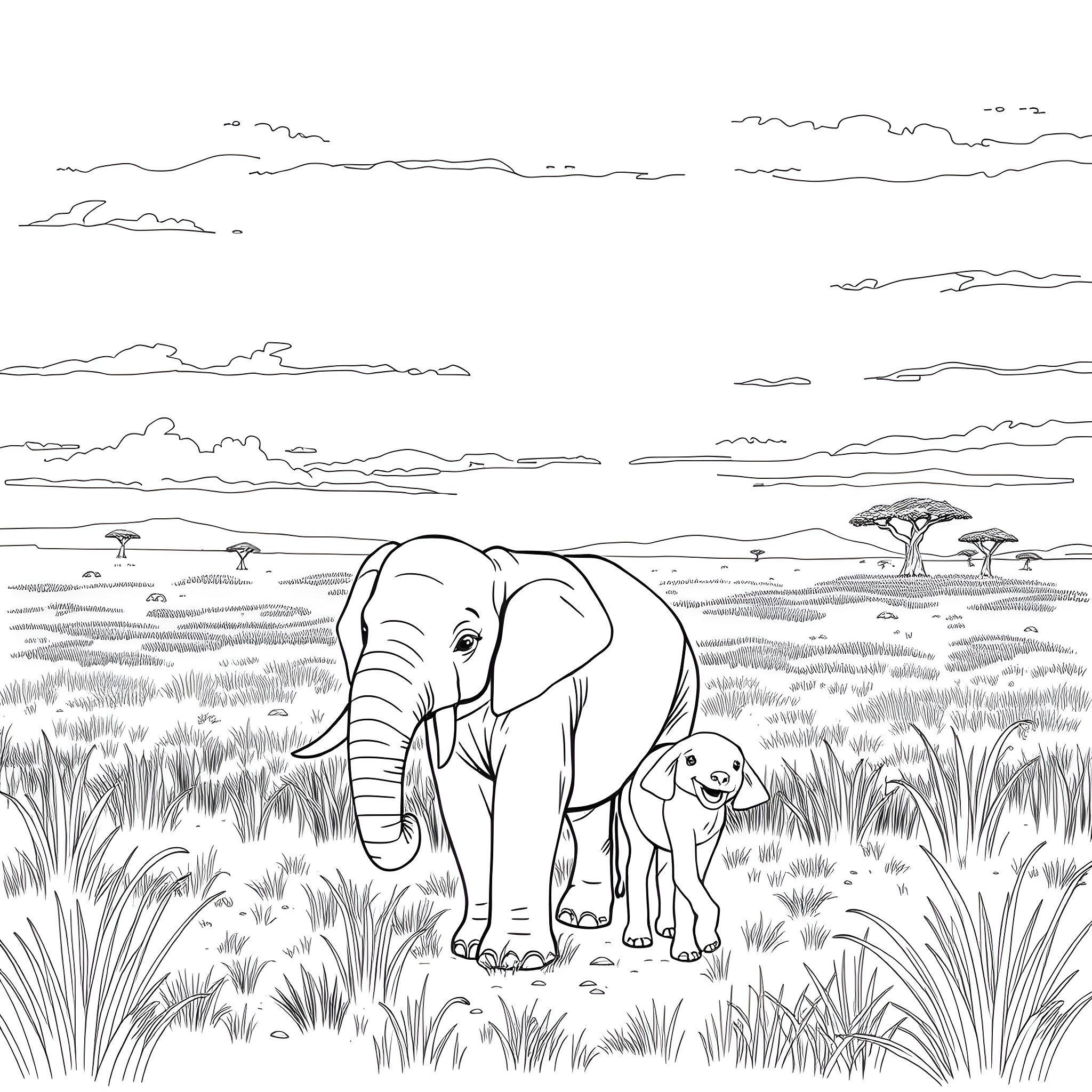 Bellibolt exploring the African savanna with a friend Coloring Page (free black-and-white line drawing printable PDF for all, from beginners to advanced learners, including children, teens, adults, and seniors)